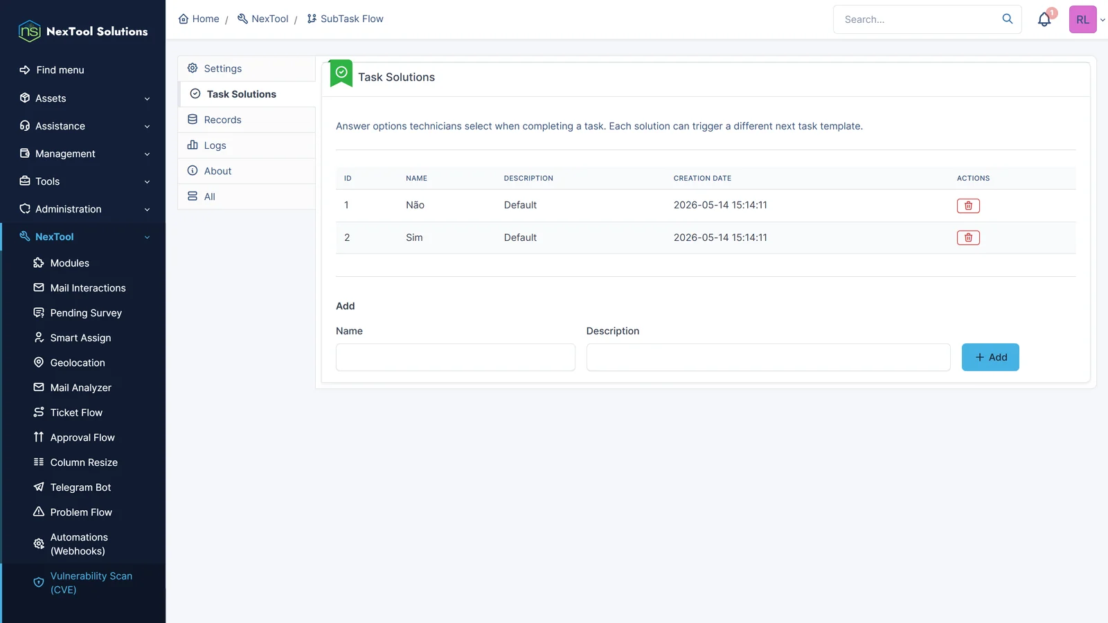 Вкладка решений задач (Task Solutions) в SubTask Flow: ответы «Да» и «Нет», которые определяют дальнейший путь, и форма для добавления новых ответов