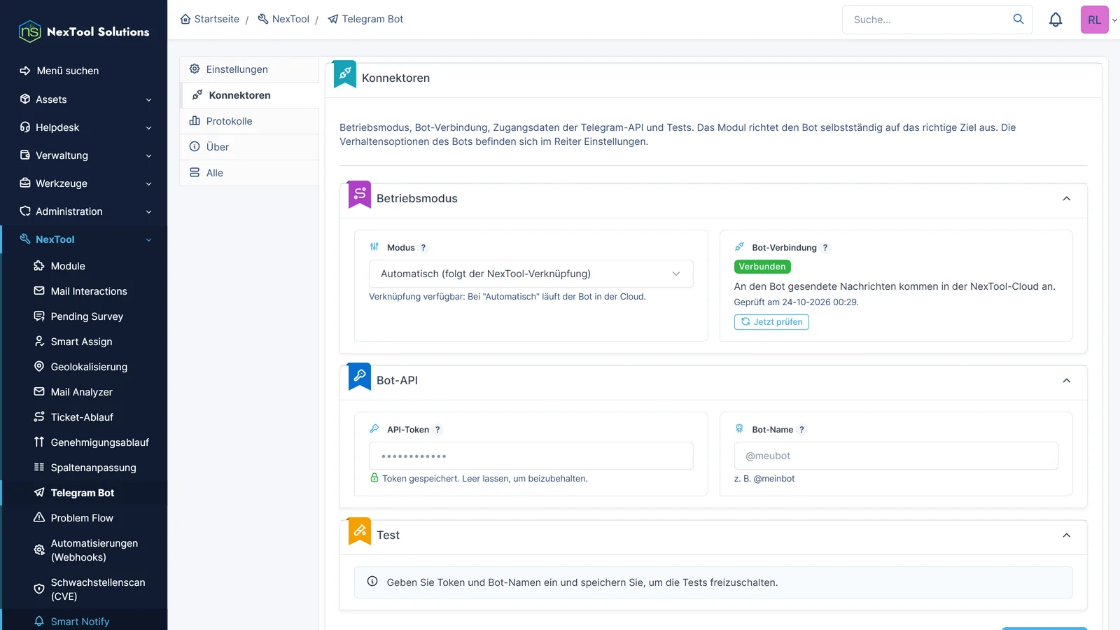 Registerkarte Konnektoren von Telegram Bot: automatischer Modus über die NexTool-Cloud, Bot verbunden und API-Token gespeichert, ohne angezeigt zu werden