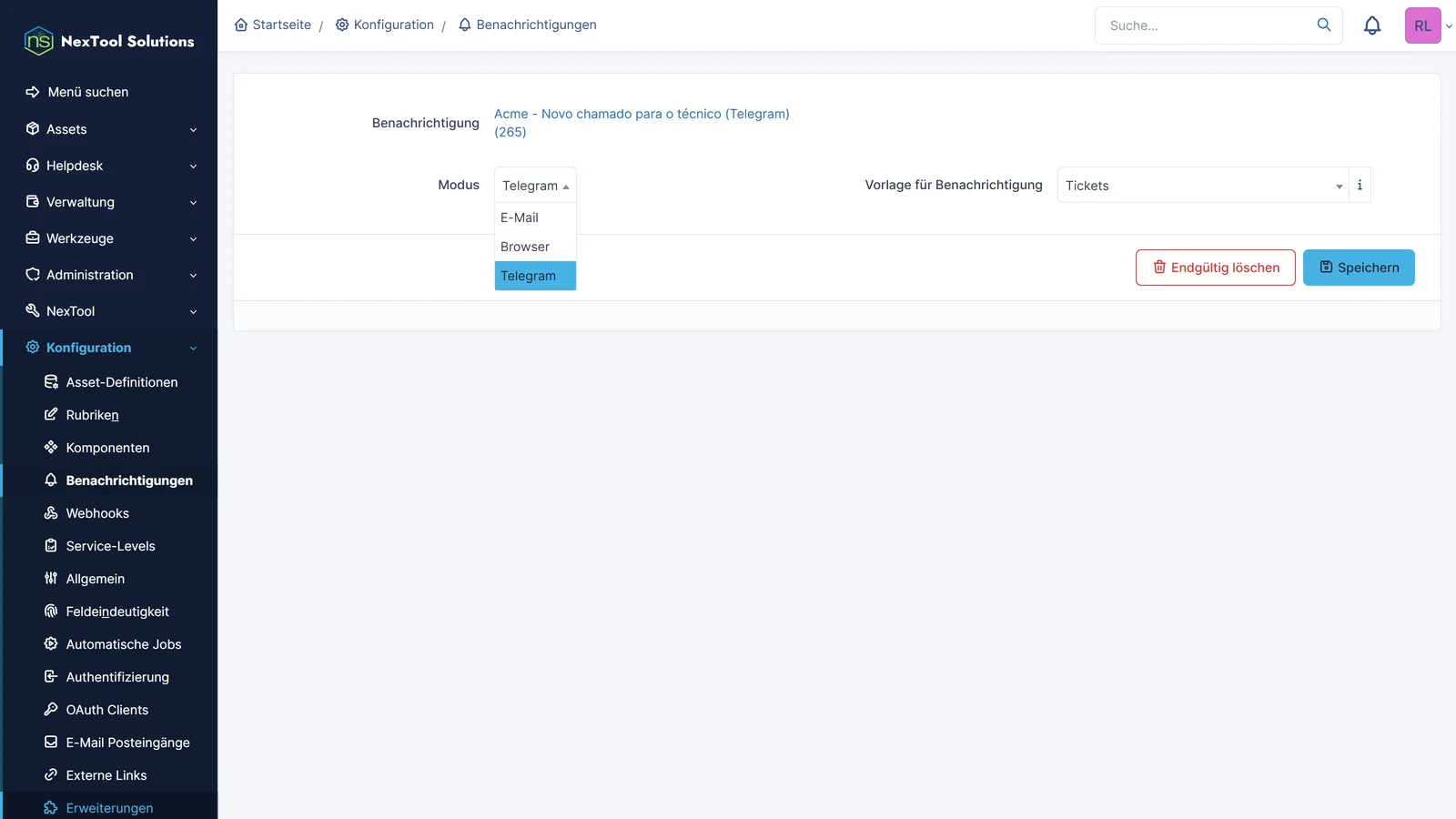 Vorlage einer nativen GLPI-Benachrichtigung mit dem Modus Telegram in der Liste, neben E-Mail und Browser