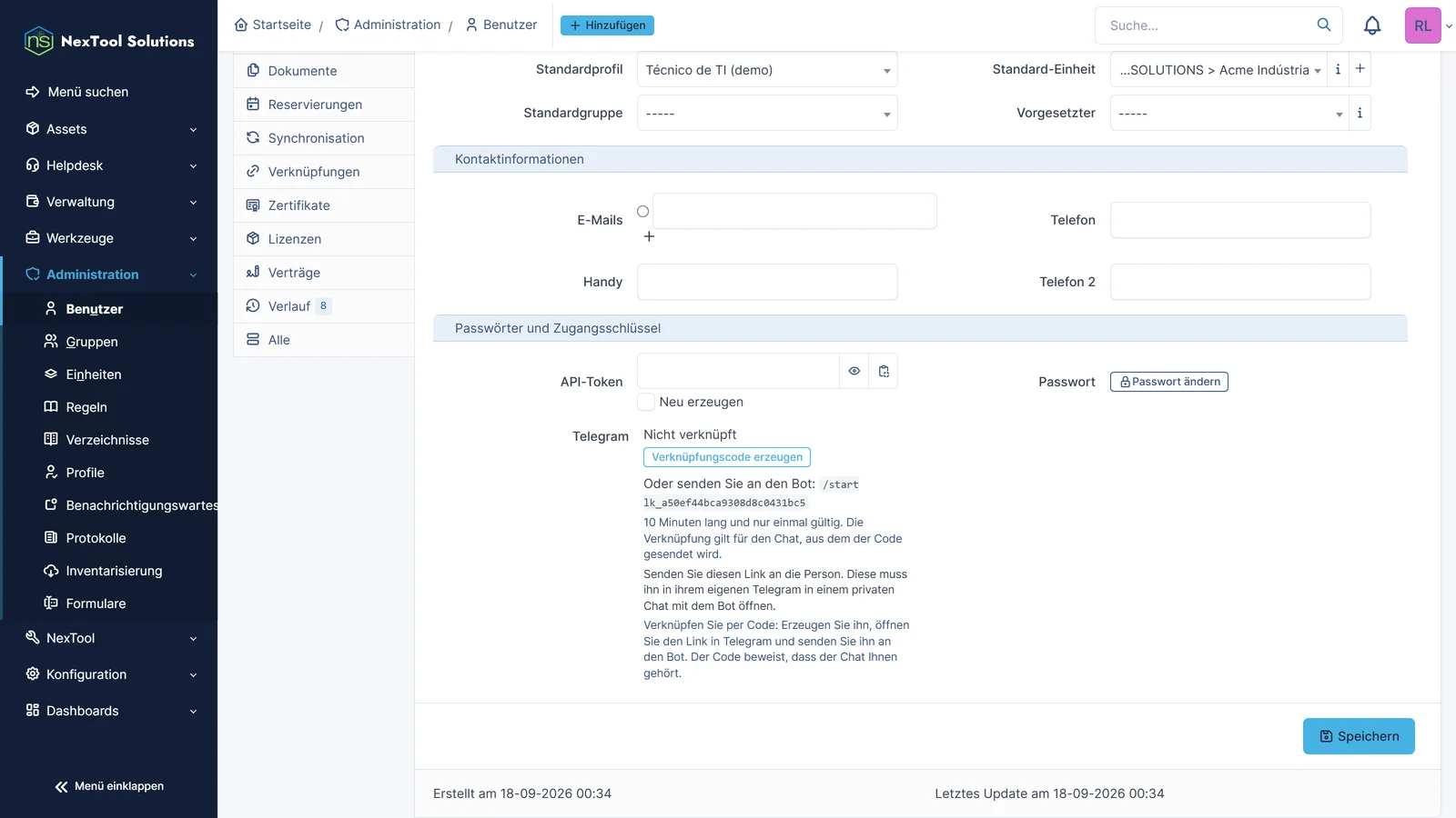 GLPI-Benutzerformular mit erzeugtem Telegram-Verknüpfungscode: einmalig, 10 Minuten gültig und nur im privaten Chat mit dem Bot