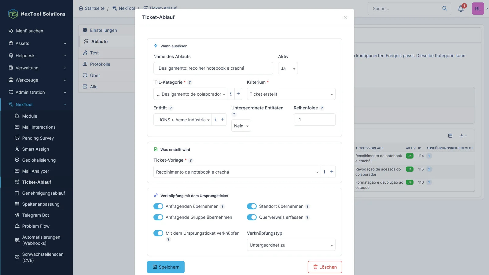 Formular eines Ablaufs: Kategorie Austritt eines Mitarbeiters, Kriterium Ticket erstellt, Vorlage Rücknahme von Notebook und Ausweis, Anforderer, Gruppe und Standort übernommen und Verknüpfung Kind von