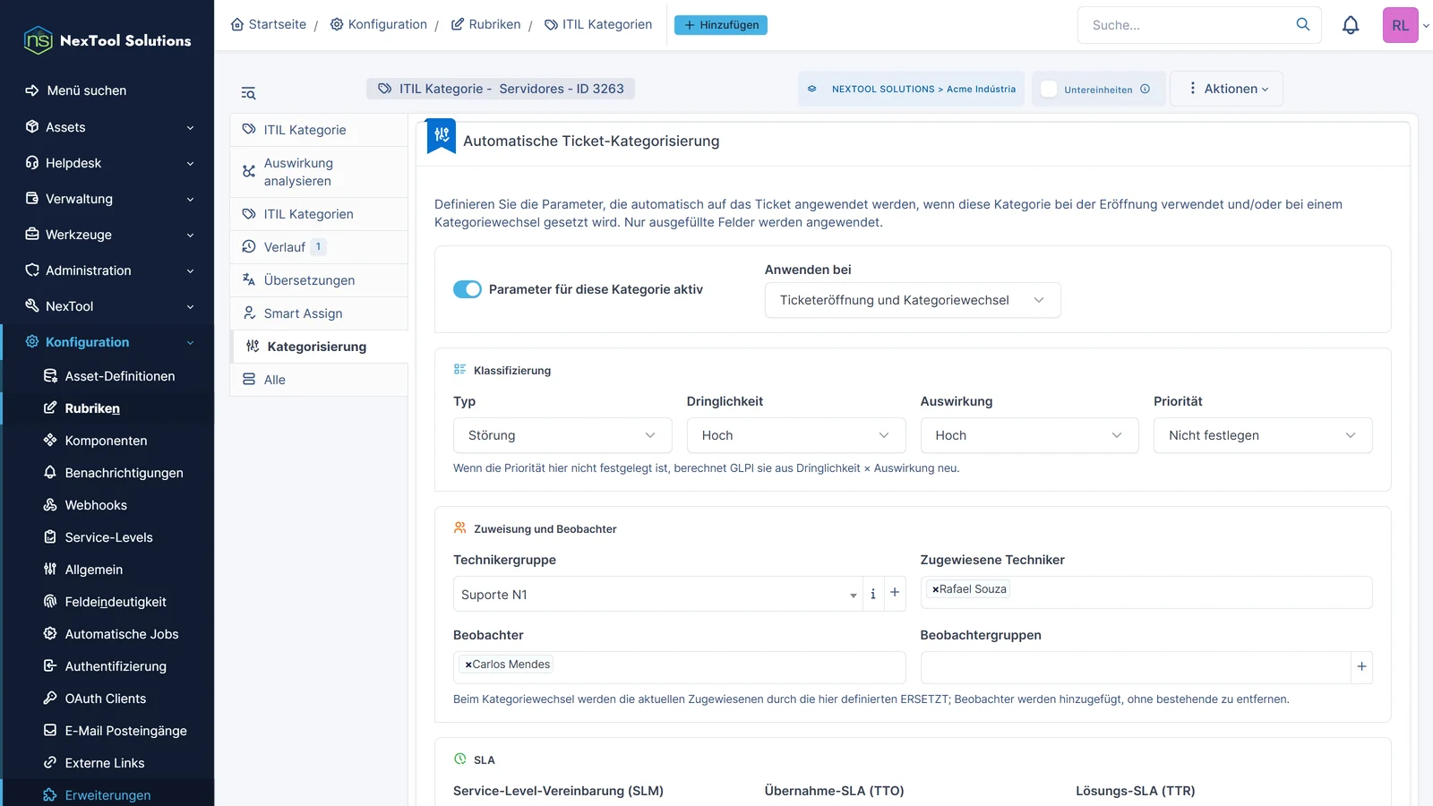 Reiter Kategorisierung einer ITIL-Kategorie in GLPI: Typ, Dringlichkeit, Auswirkung, Technikergruppe, Techniker und Beobachter werden beim Anlegen und beim Kategoriewechsel gesetzt