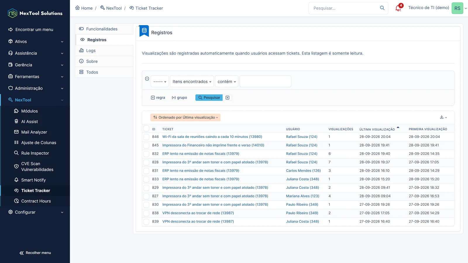 Registros do Ticket Tracker com as visualizações de todos os chamados, por usuário, com contagem e datas