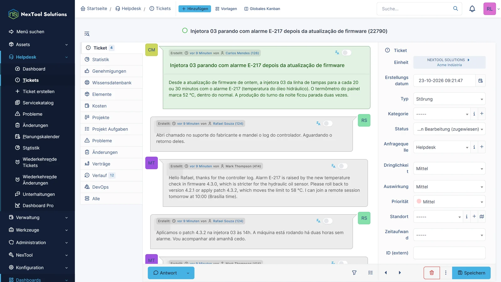 Acme-Ticket mit zweisprachiger Unterhaltung: der Techniker schreibt auf Portugiesisch, der Ingenieur des Herstellers auf Englisch, mit Übersetzungsschalter an jedem Eintrag der Zeitleiste