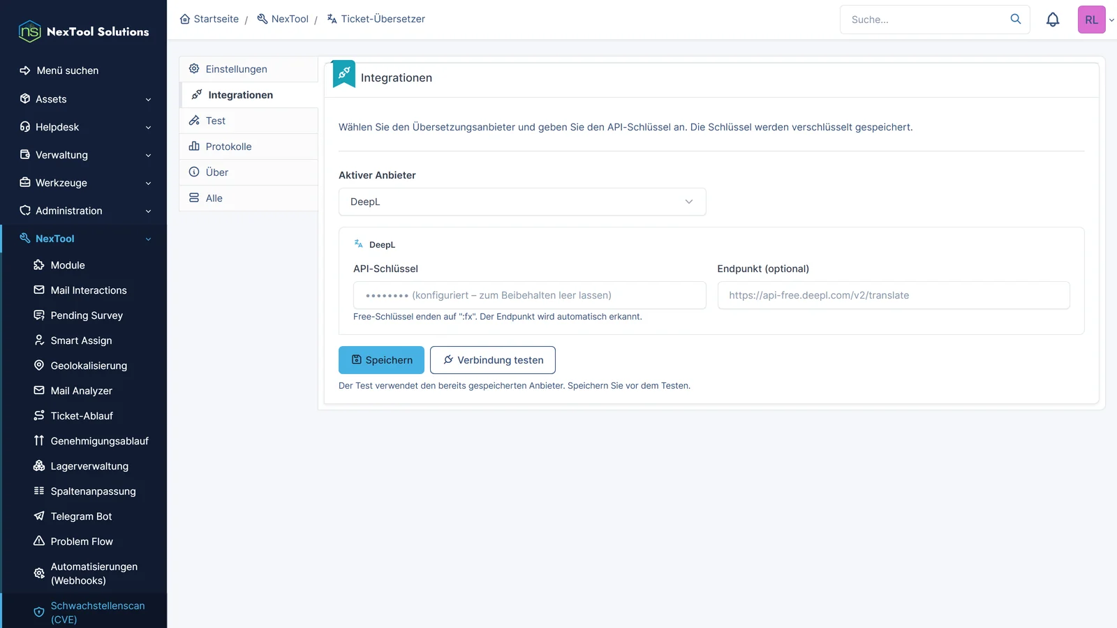 Reiter Integrationen von Translate: DeepL als aktiver Anbieter, API-Schlüssel verschlüsselt gespeichert und Schaltfläche Verbindung testen