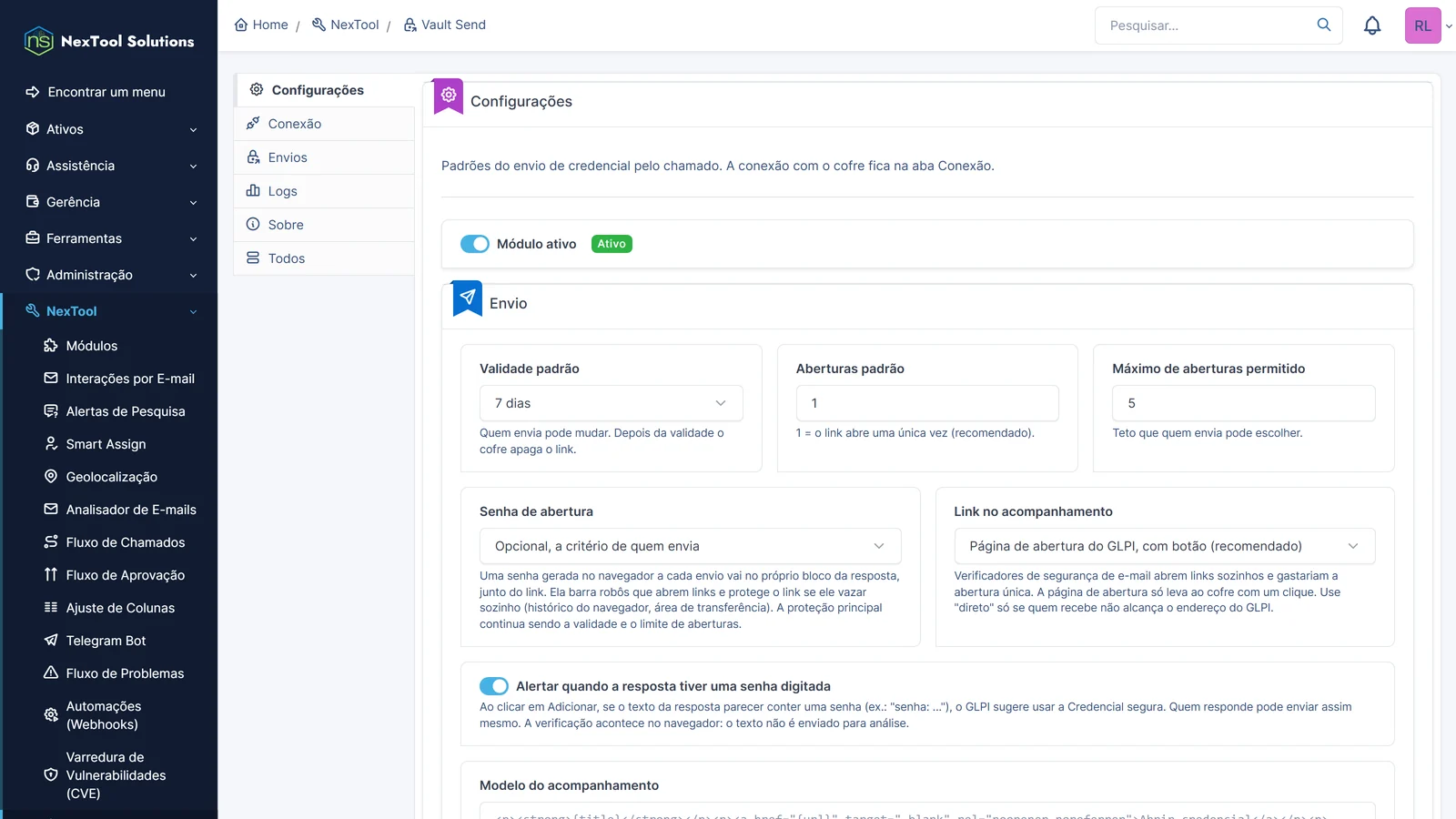 Aba Configurações do Vault Send: validade e aberturas padrão, senha de abertura, página de abertura com botão e alerta de senha na resposta