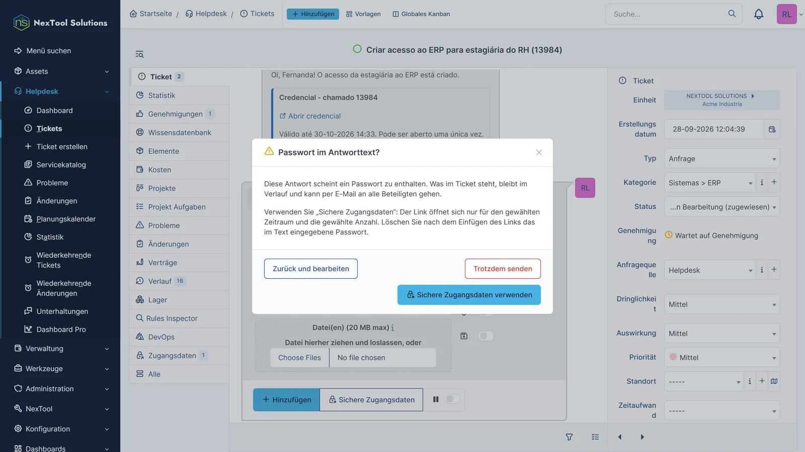 Warnung von Vault Send, wenn ein Passwort im Antworttext steht, mit der Möglichkeit, es durch sichere Zugangsdaten zu ersetzen