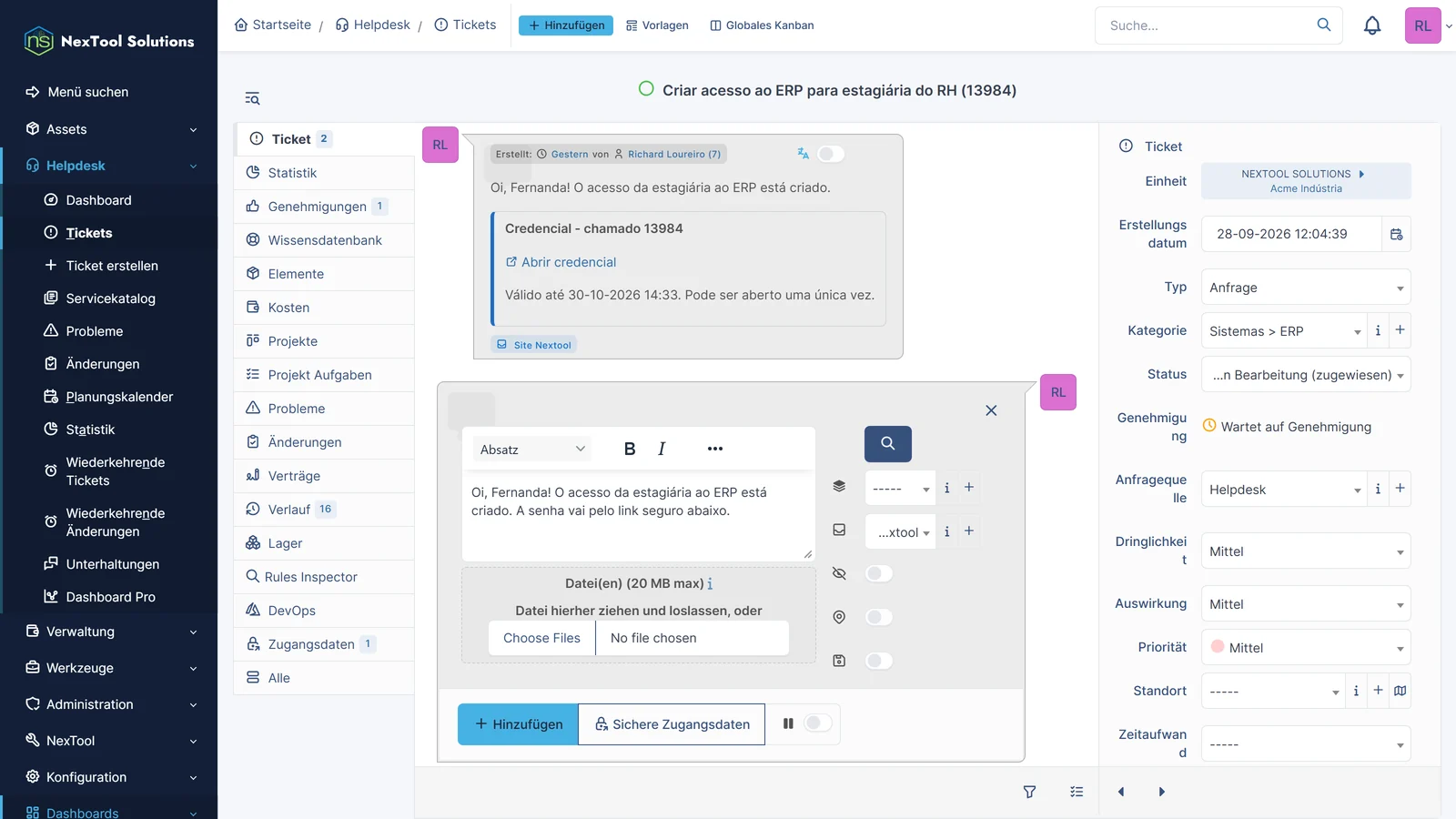 Antwort auf ein GLPI-Ticket mit der Vault-Send-Schaltfläche Sichere Zugangsdaten neben Hinzufügen