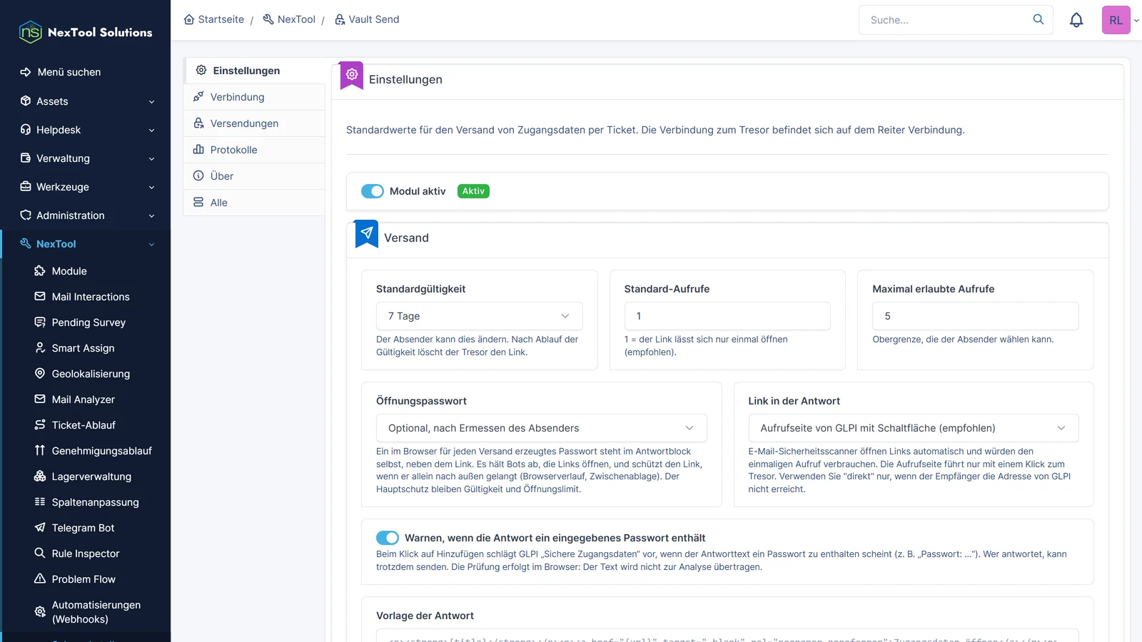 Registerkarte Einstellungen von Vault Send: Standardgültigkeit und Aufrufe, Öffnungspasswort, Aufrufseite mit Schaltfläche und Warnung bei Passwort in der Antwort