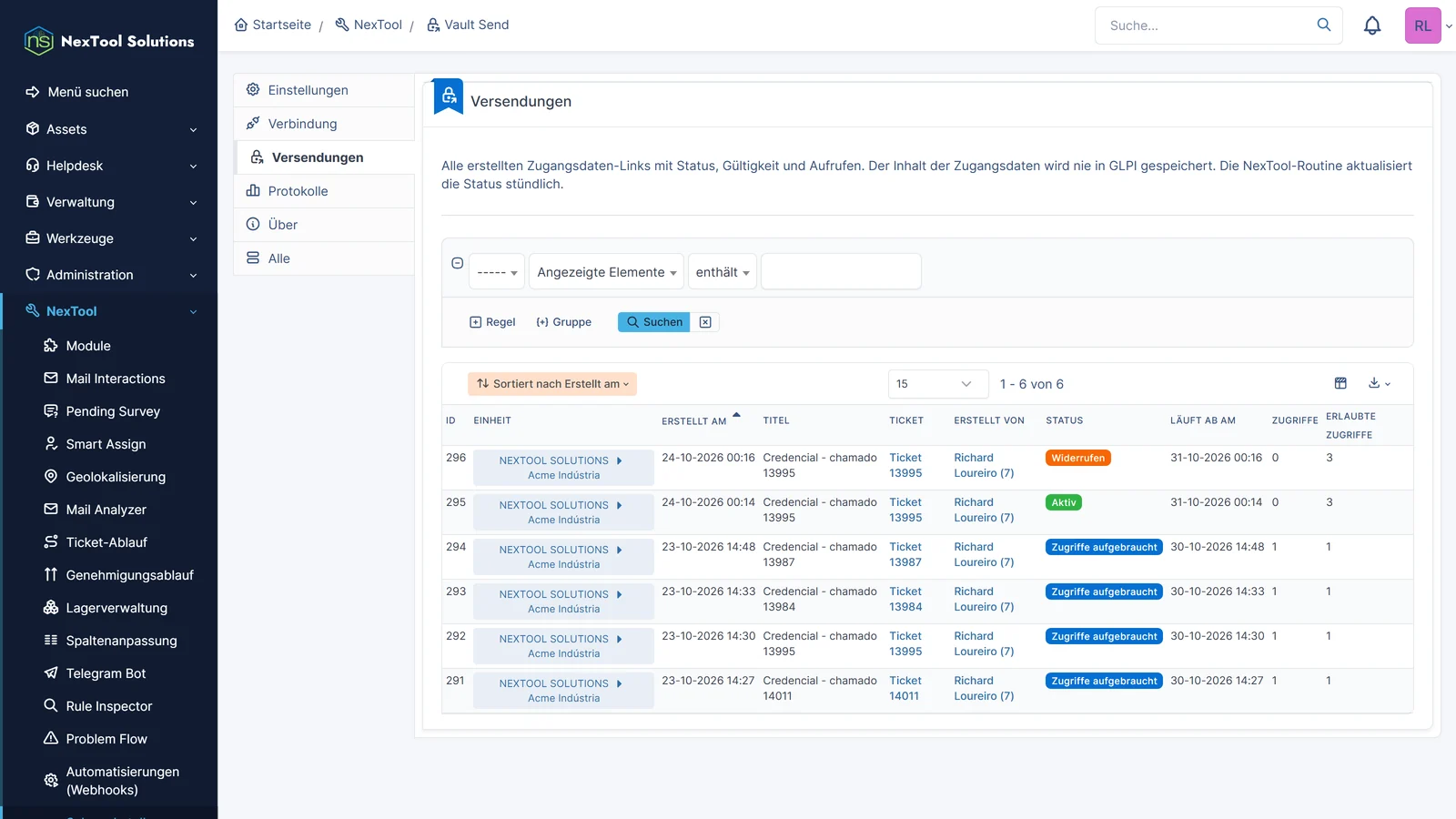Registerkarte Versendungen von Vault Send mit allen erstellten Links: Ticket, Ersteller, Status, Ablauf und Aufrufe
