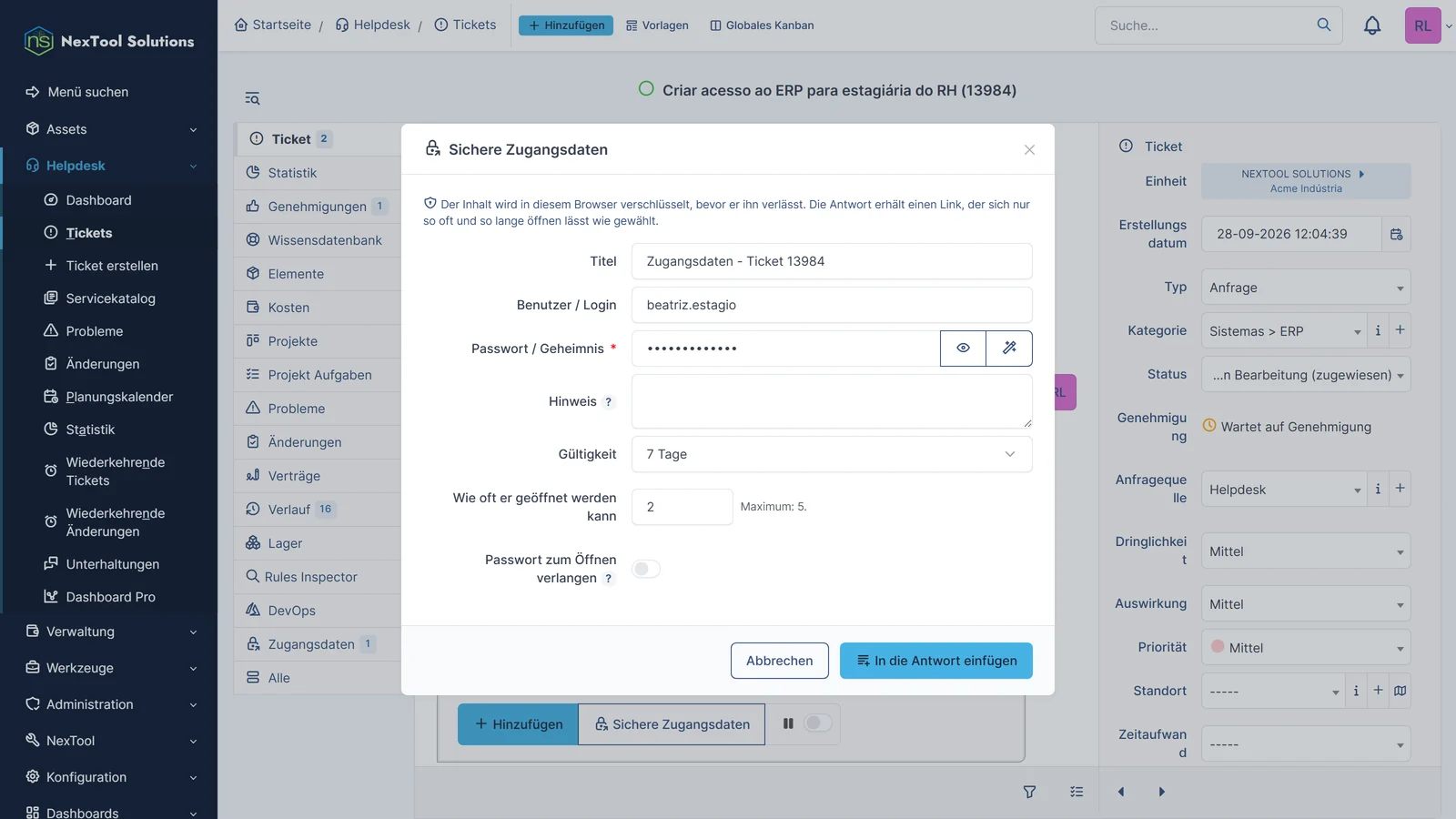 Fenster Sichere Zugangsdaten: Login und Passwort werden im Browser verschlüsselt, 7 Tage Gültigkeit und Anzahl der Aufrufe des Links