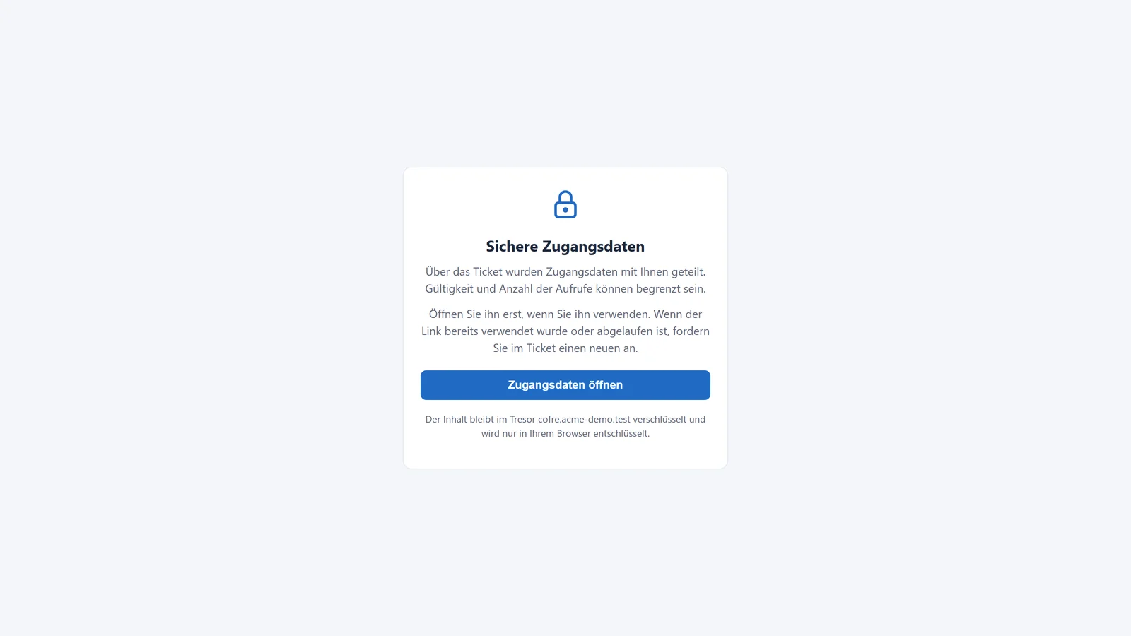 Seite, die der Anfragende über den Link öffnet: eine ausdrückliche Schaltfläche zum Öffnen, die Link-Scanner von E-Mail-Systemen nicht verbrauchen