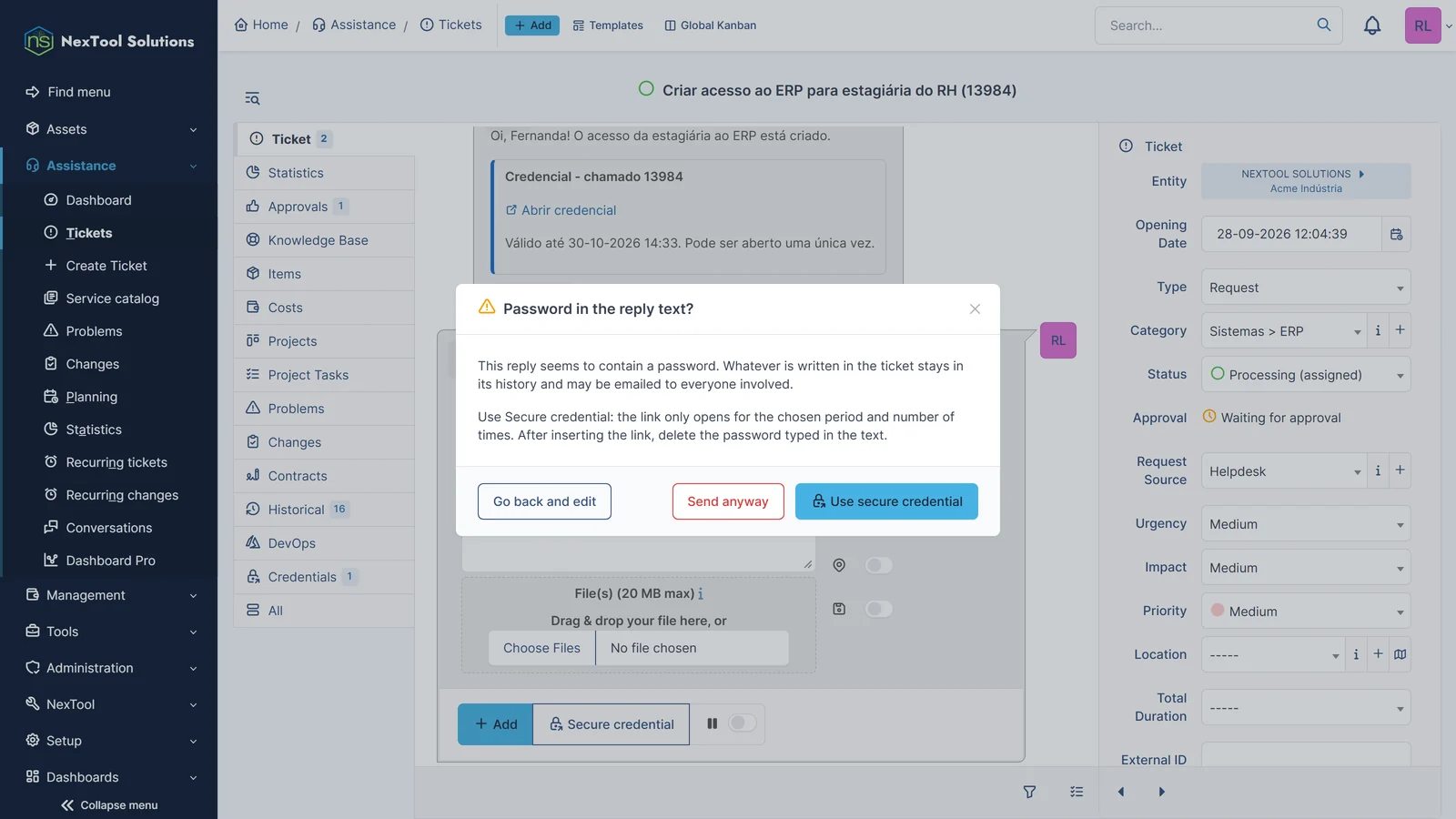 Vault Send warning when a password is typed in the reply text, offering to replace it with a secure credential