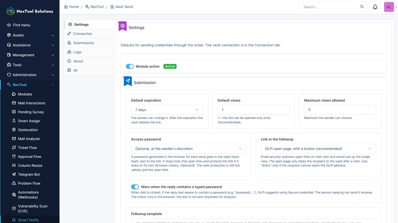 Vault Send Settings tab: default validity and opens, opening password, opening page with a button and password-in-reply warning
