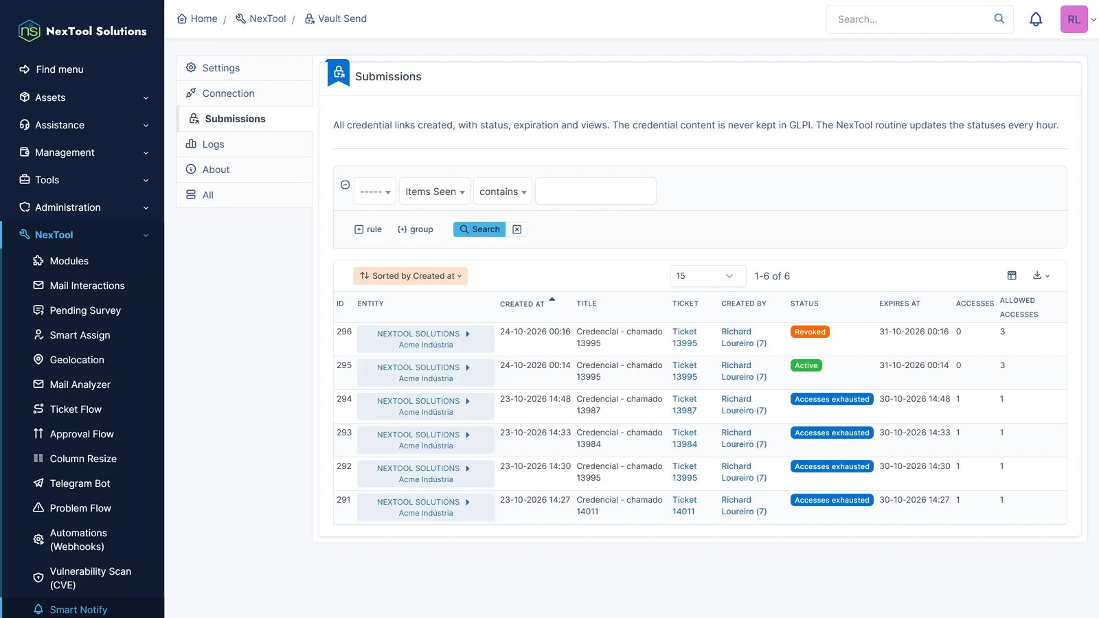 Vault Send Submissions tab listing every link created: ticket, author, status, expiry and opens