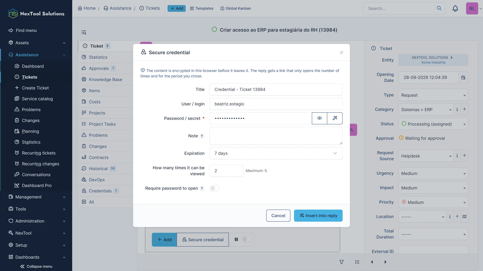 Secure credential window: login and password encrypted in the browser, 7-day validity and number of times the link can be opened