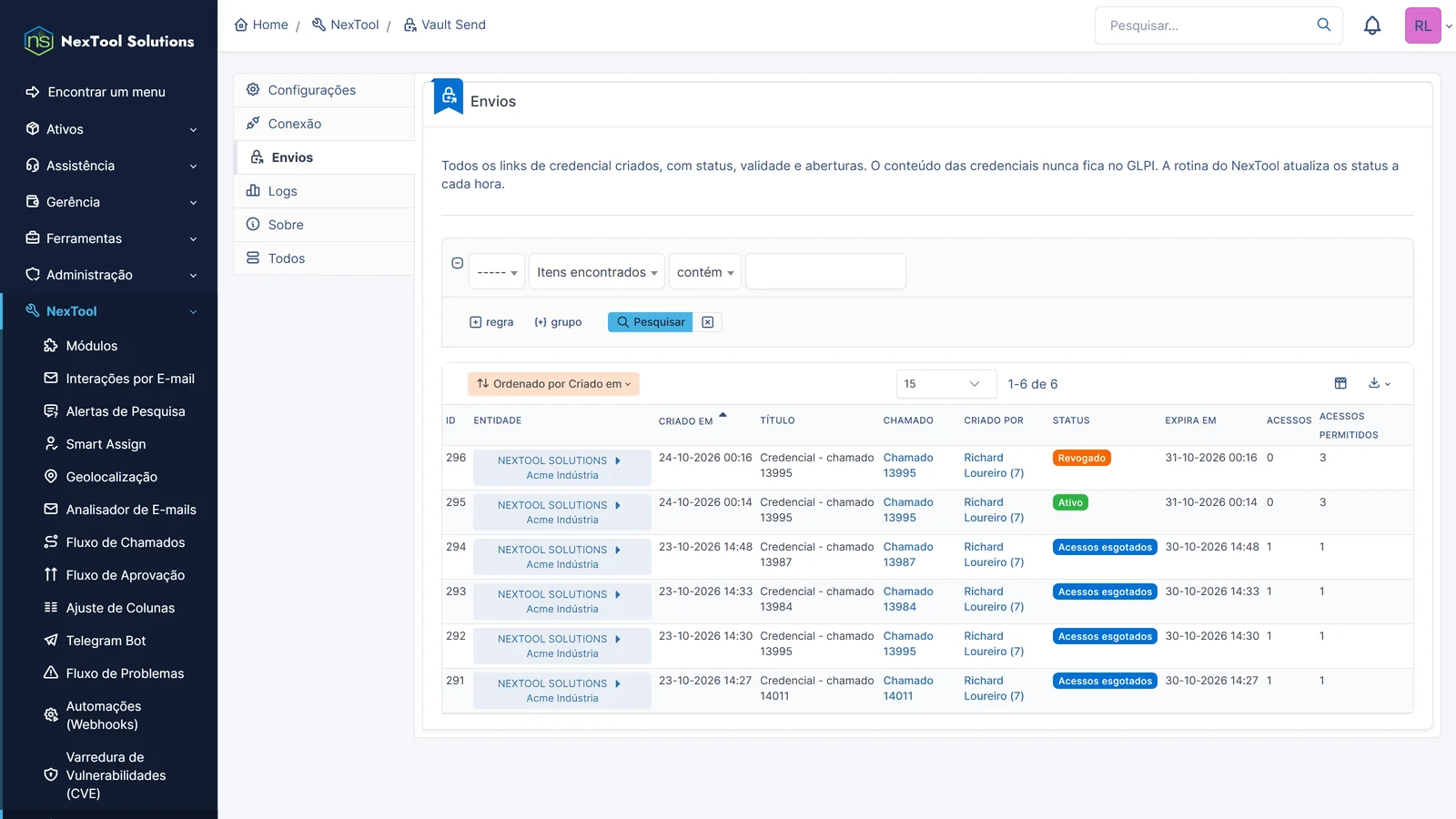 Aba Envios do Vault Send com todos os links criados: chamado, autor, status, validade e acessos