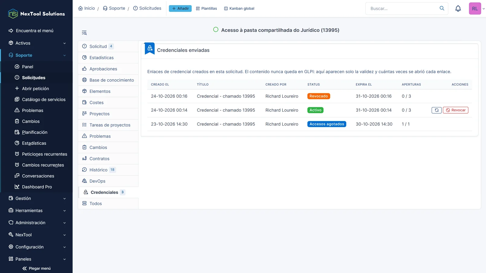 Pestaña Credenciales del ticket con un enlace activo, uno revocado y uno sin aperturas disponibles, con la validez y las aperturas de cada uno
