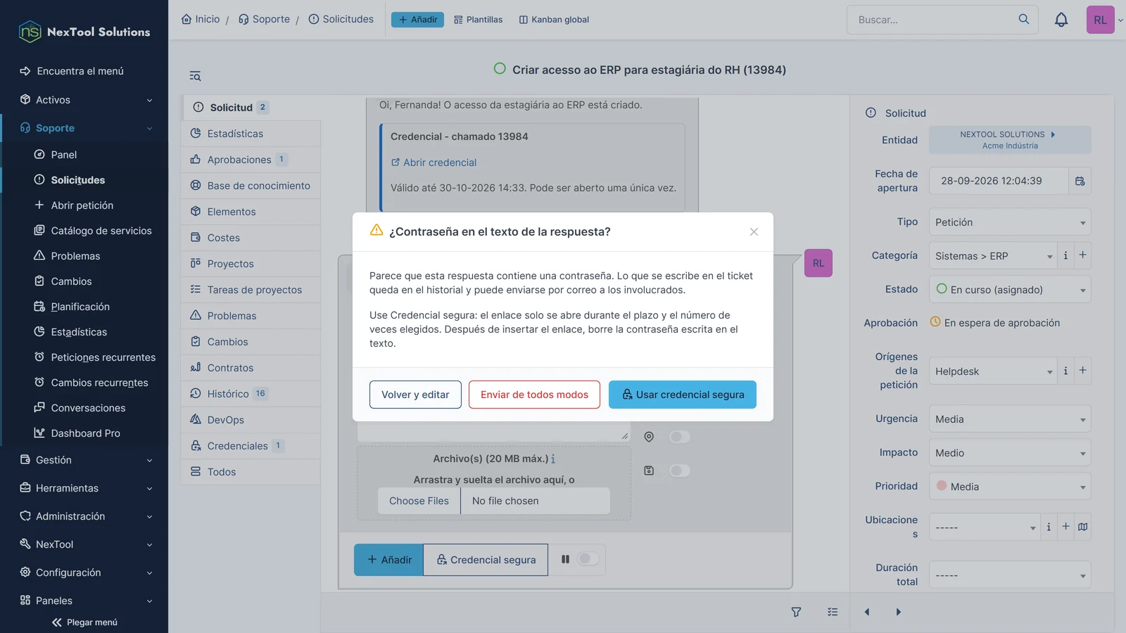 Alerta de Vault Send al detectar una contraseña escrita en el texto de la respuesta, con la opción de cambiarla por una credencial segura