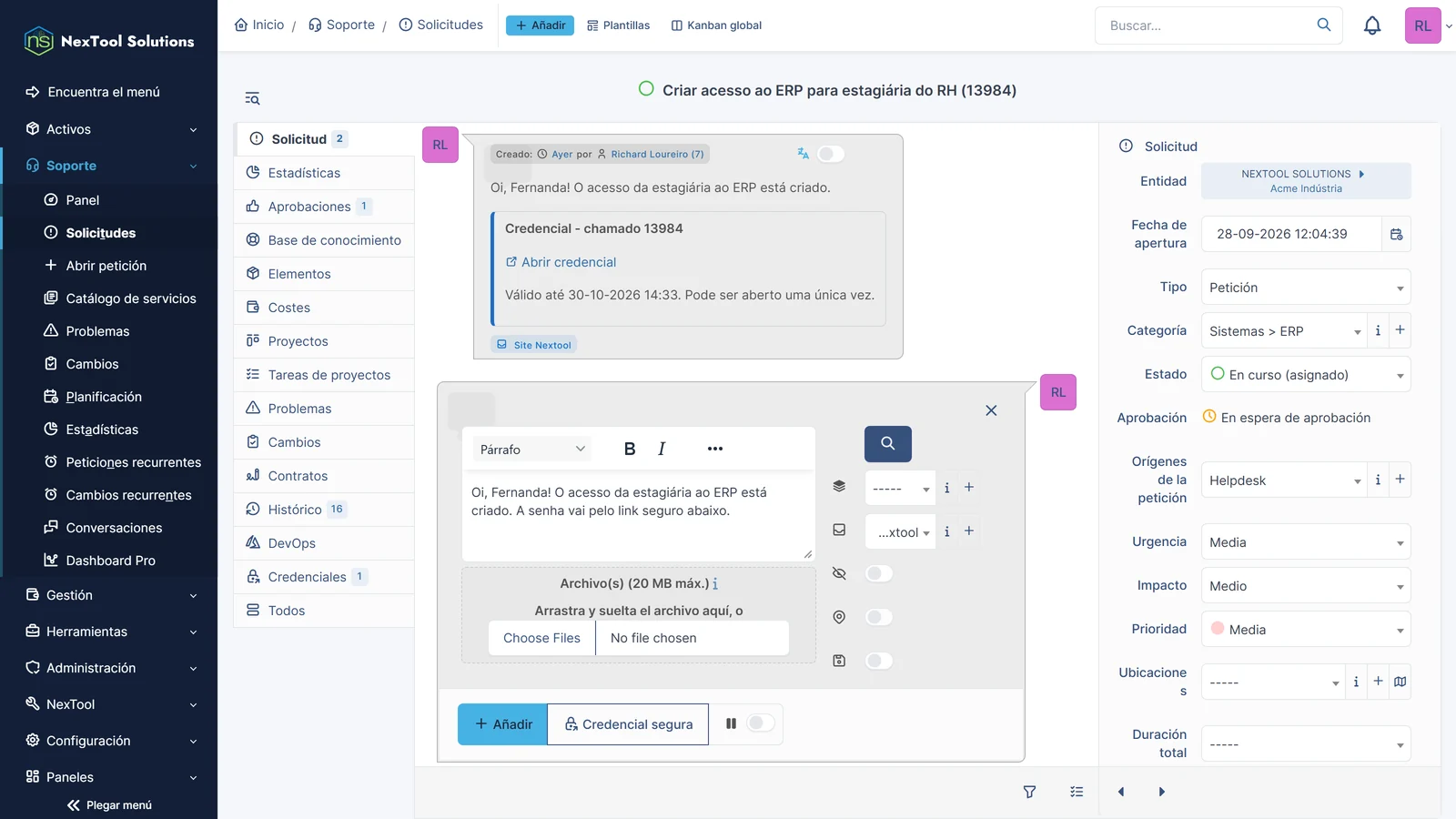 Respuesta de un ticket en GLPI con el botón Credencial segura de Vault Send junto a Agregar