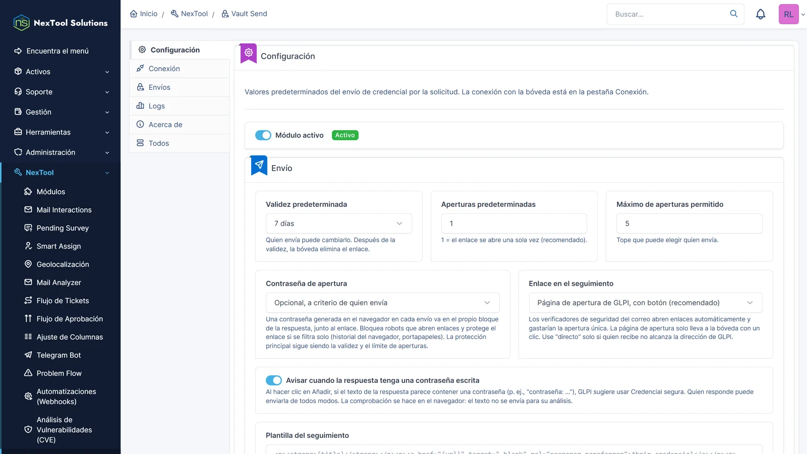 Pestaña Configuración de Vault Send: validez y aperturas por defecto, contraseña de apertura, página de apertura con botón y alerta de contraseña en la respuesta