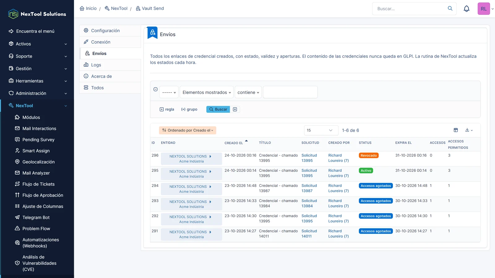 Pestaña Envíos de Vault Send con todos los enlaces creados: ticket, autor, estado, validez y accesos