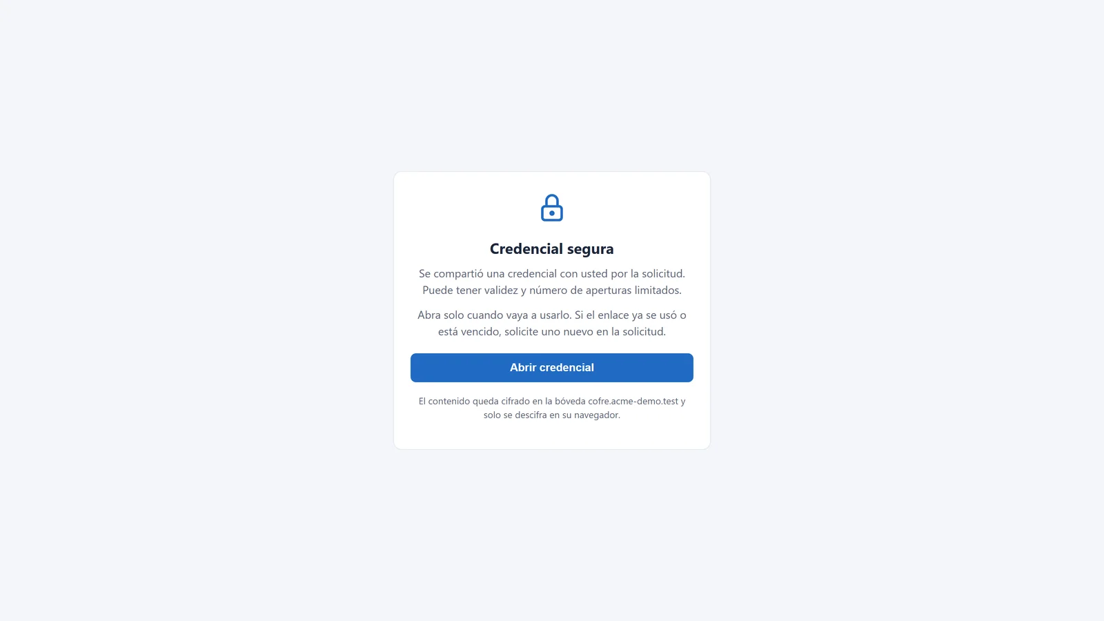 Página que el solicitante abre desde el enlace: botón explícito para abrir la credencial, que los verificadores de enlaces del correo no consumen