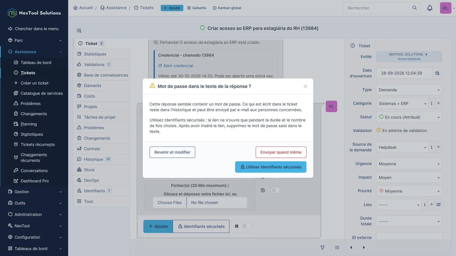 Alerte de Vault Send lorsqu'un mot de passe est saisi dans le texte de la réponse, avec la possibilité de le remplacer par un lien sécurisé