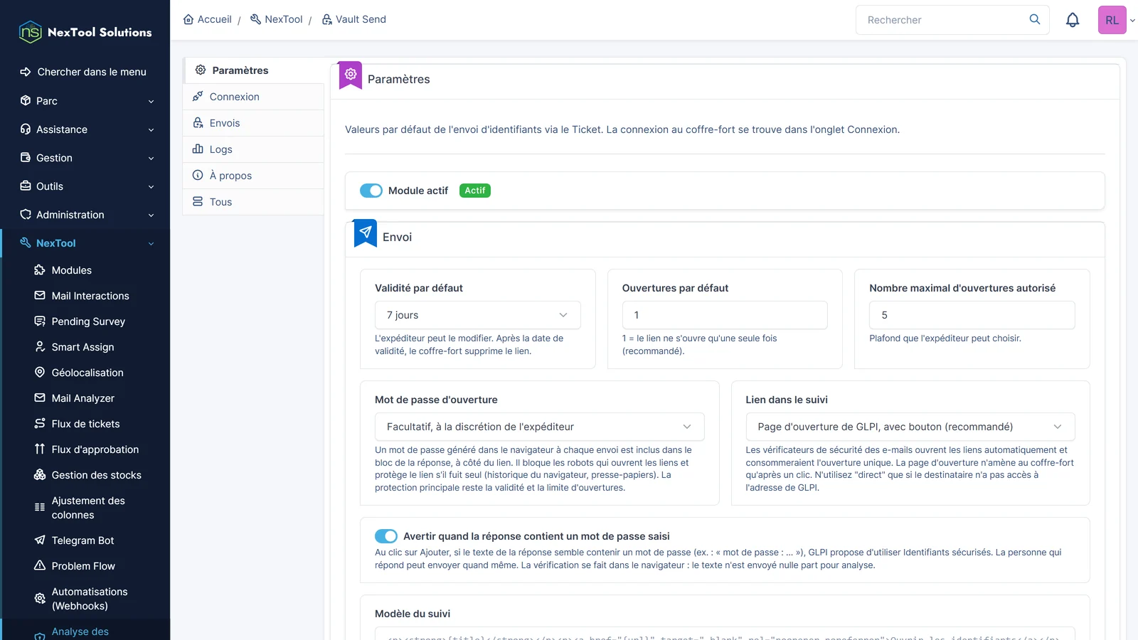 Onglet Configurations de Vault Send : validité et ouvertures par défaut, mot de passe d'ouverture, page d'ouverture avec bouton et alerte de mot de passe dans la réponse