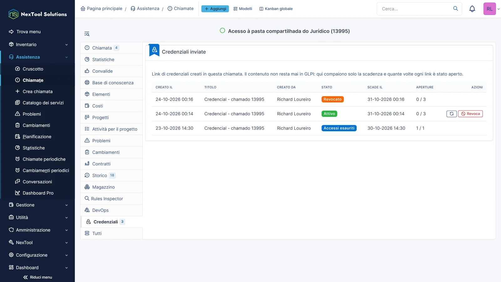 Scheda Credenziali del ticket con un link attivo, uno revocato e uno con aperture esaurite, con validità e aperture di ciascuno