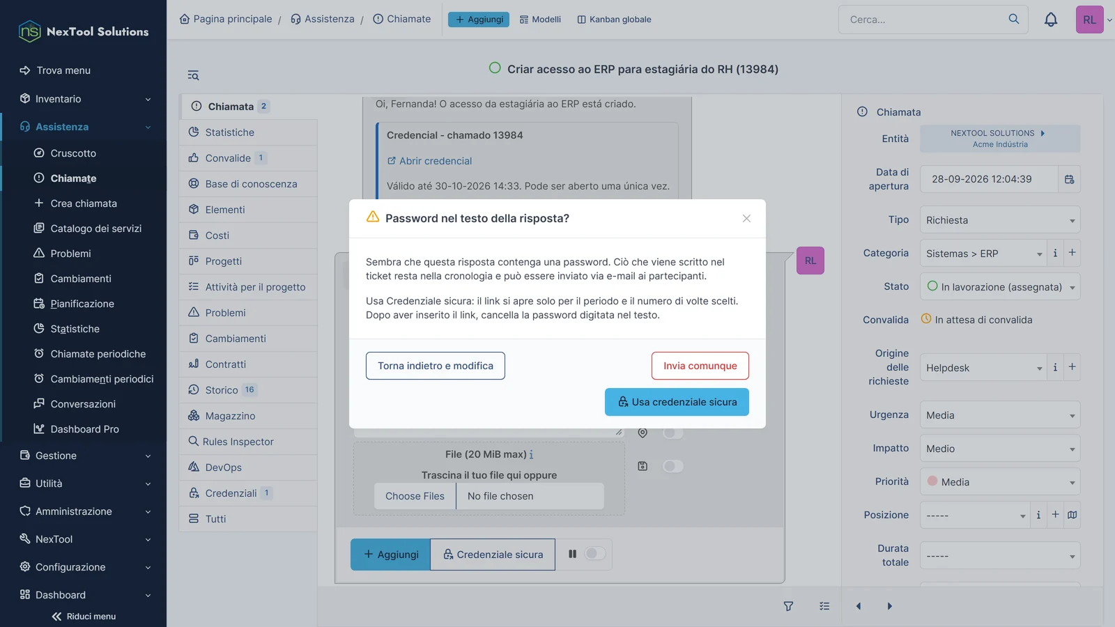 Avviso di Vault Send quando nel testo della risposta viene scritta una password, con l'opzione di sostituirla con una credenziale sicura