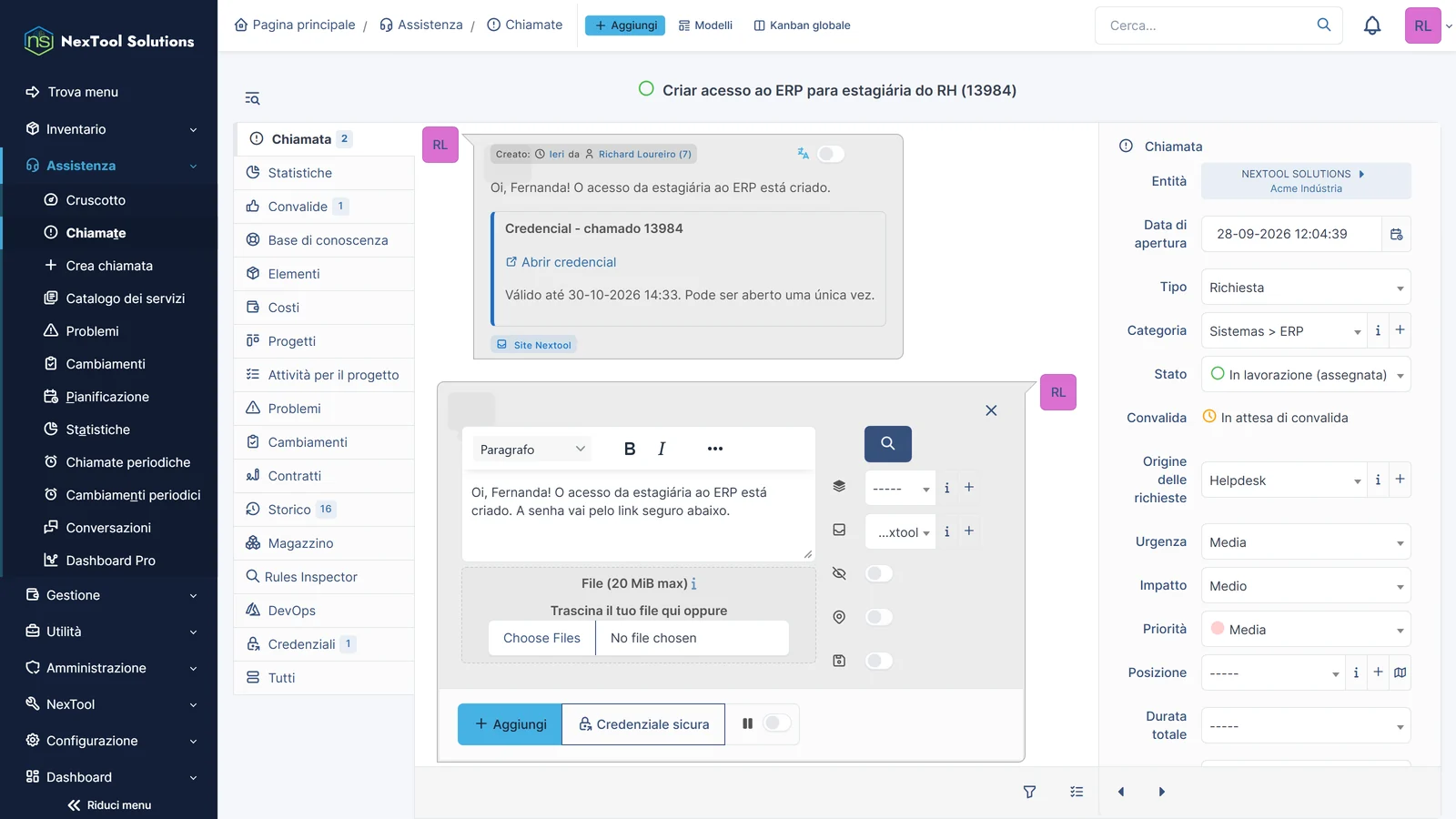 Risposta di un ticket in GLPI con il pulsante Credenziale sicura di Vault Send accanto ad Aggiungi