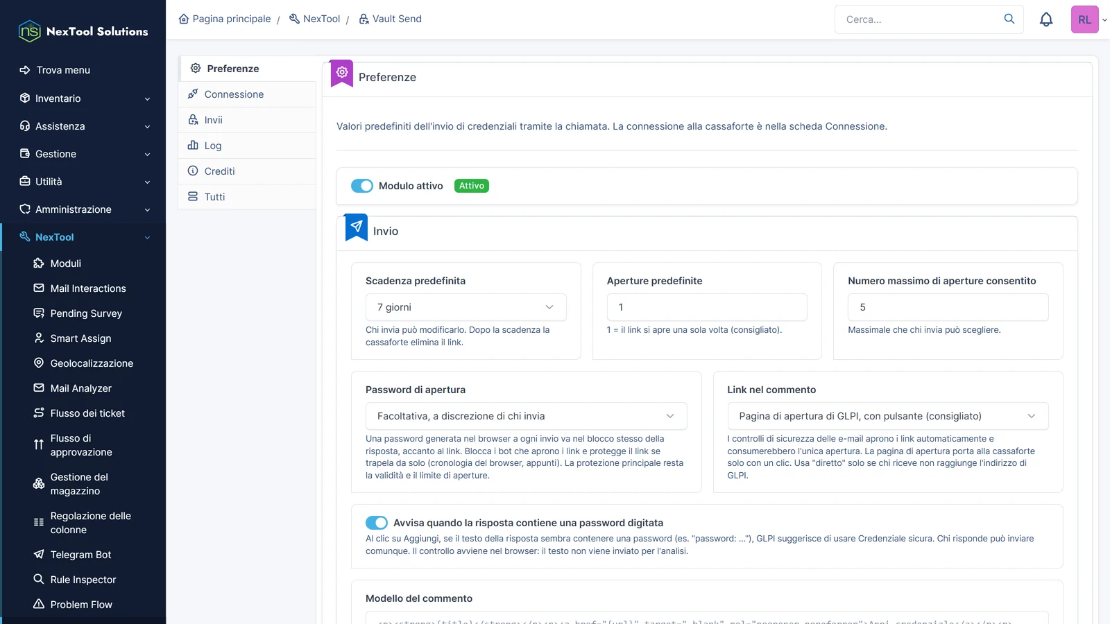 Scheda Configurazione di Vault Send: validità e aperture predefinite, password di apertura, pagina di apertura con pulsante e avviso di password nella risposta