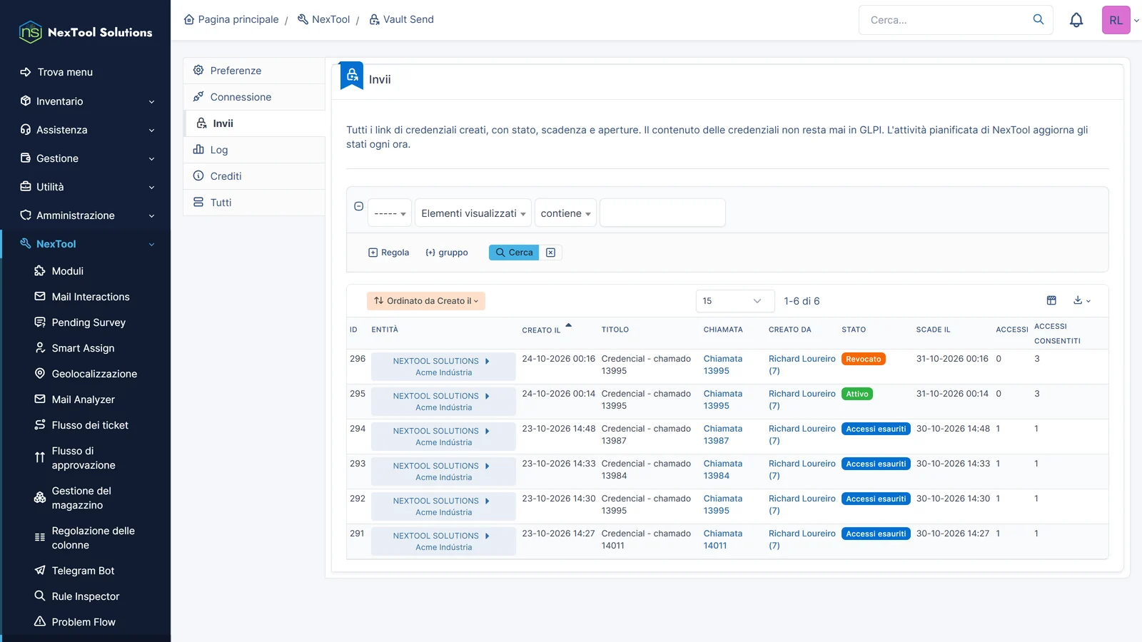 Scheda Invii di Vault Send con tutti i link creati: ticket, autore, stato, scadenza e accessi
