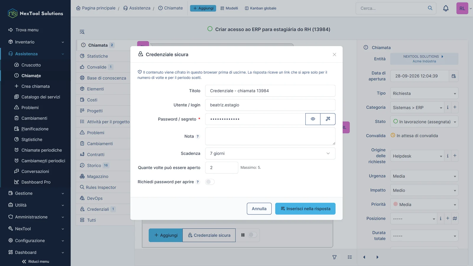 Finestra Credenziale sicura: login e password cifrati nel browser, validità di 7 giorni e numero di aperture del link