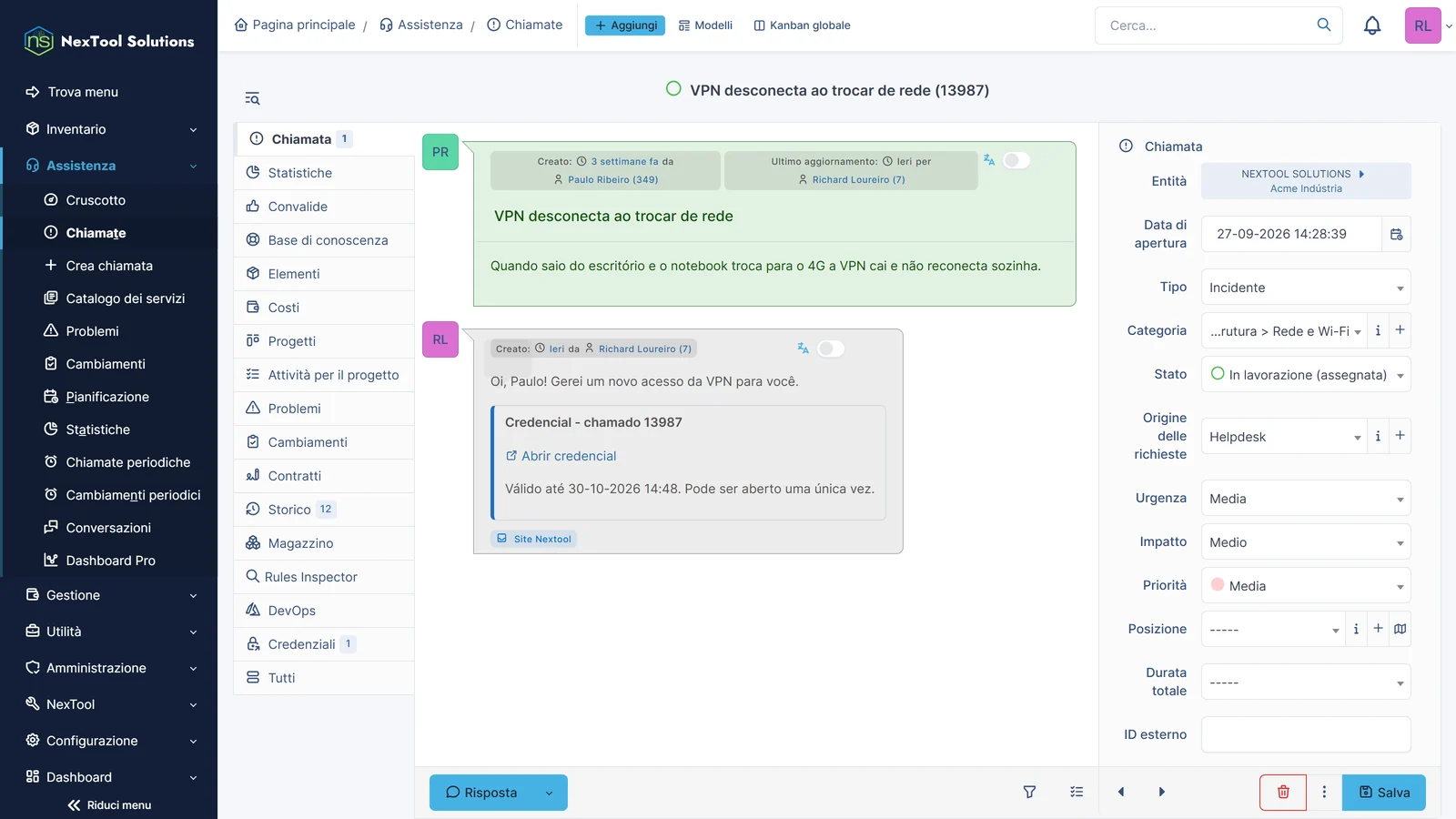 Follow-up del ticket con il link Apri credenziale, la validità e il limite di una sola apertura, senza la password nella cronologia