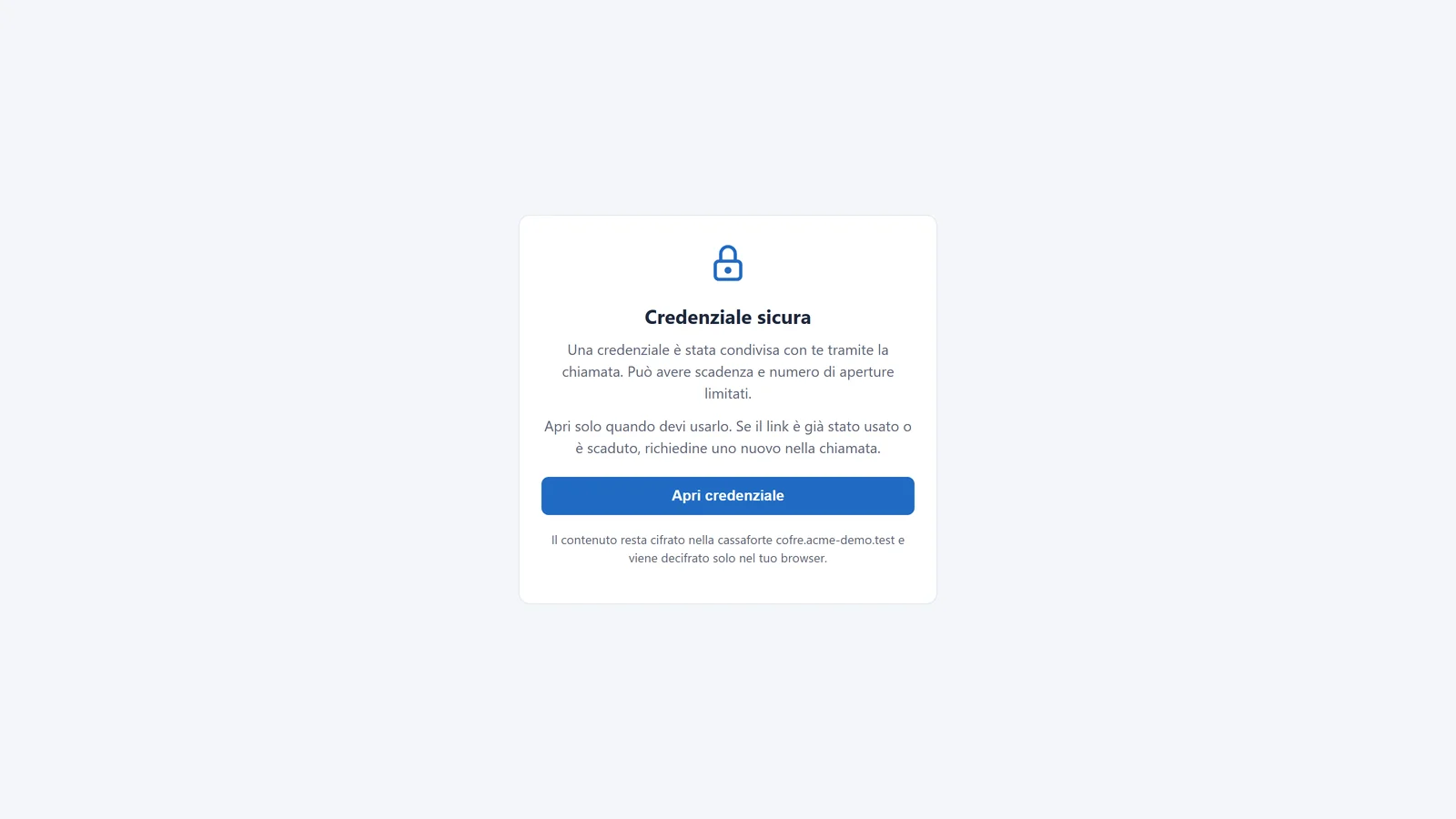 Pagina che il richiedente apre dal link: un pulsante esplicito per aprire la credenziale, che i controlli dei link delle e-mail non consumano