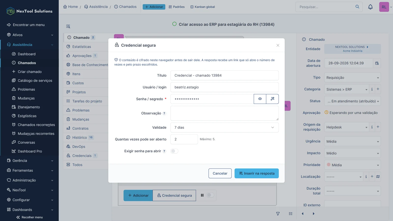 Janela Credencial segura: login e senha cifrados no navegador, validade de 7 dias e número de aberturas do link