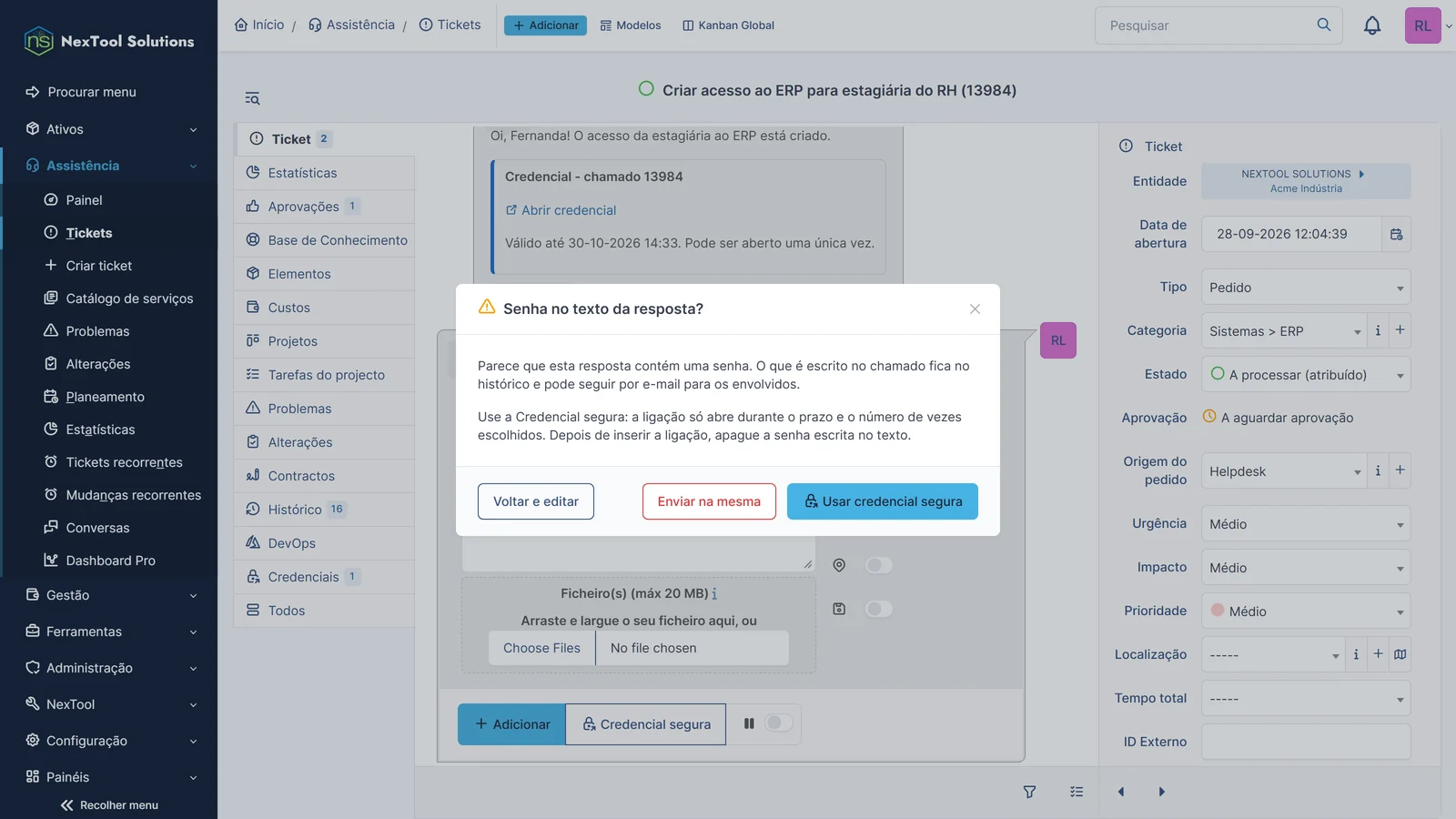 Alerta do Vault Send ao encontrar uma palavra-passe escrita no texto da resposta, com a opção de a trocar pela credencial segura