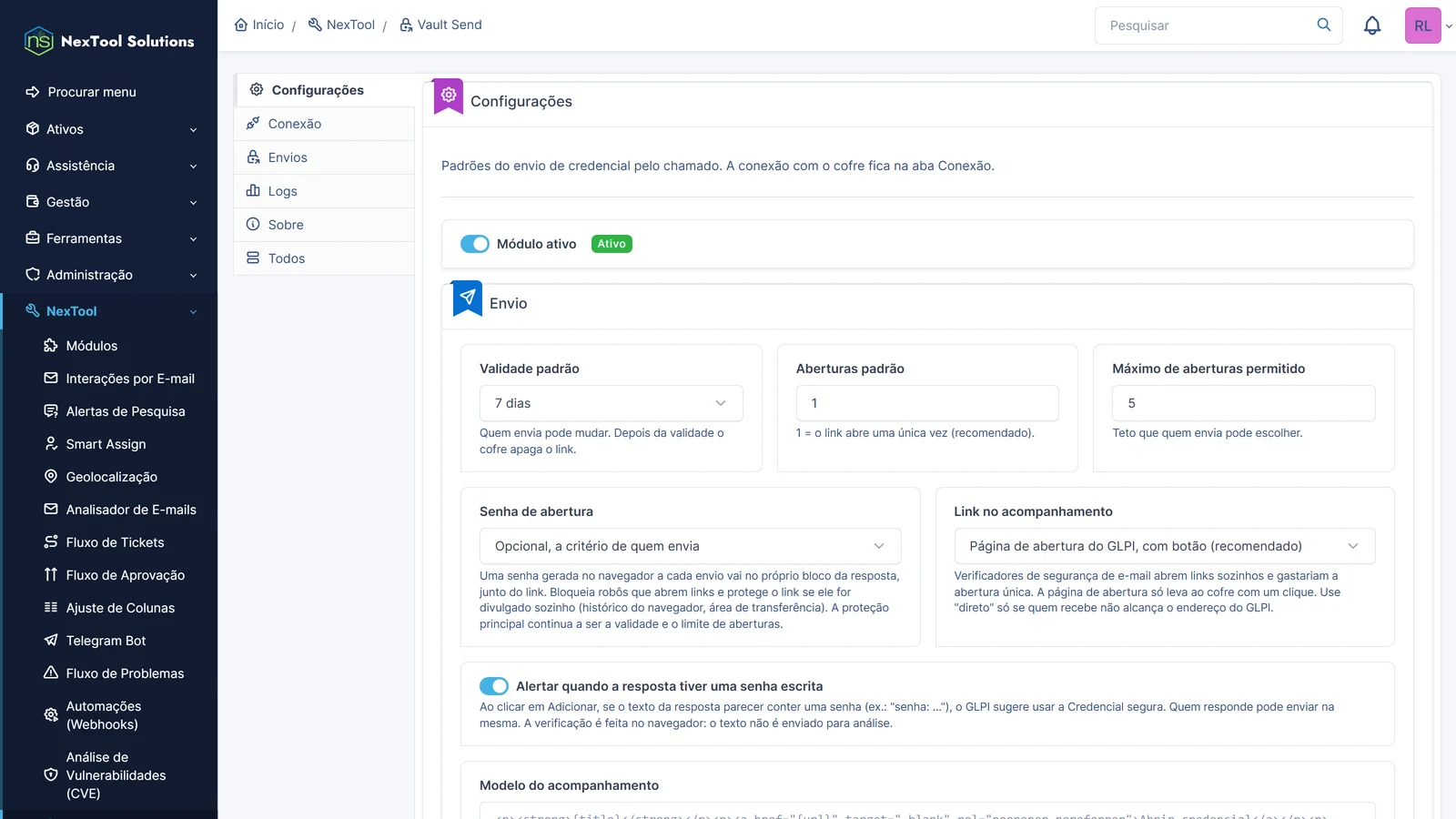 Separador Configurações do Vault Send: validade e aberturas predefinidas, palavra-passe de abertura, página de abertura com botão e alerta de palavra-passe na resposta