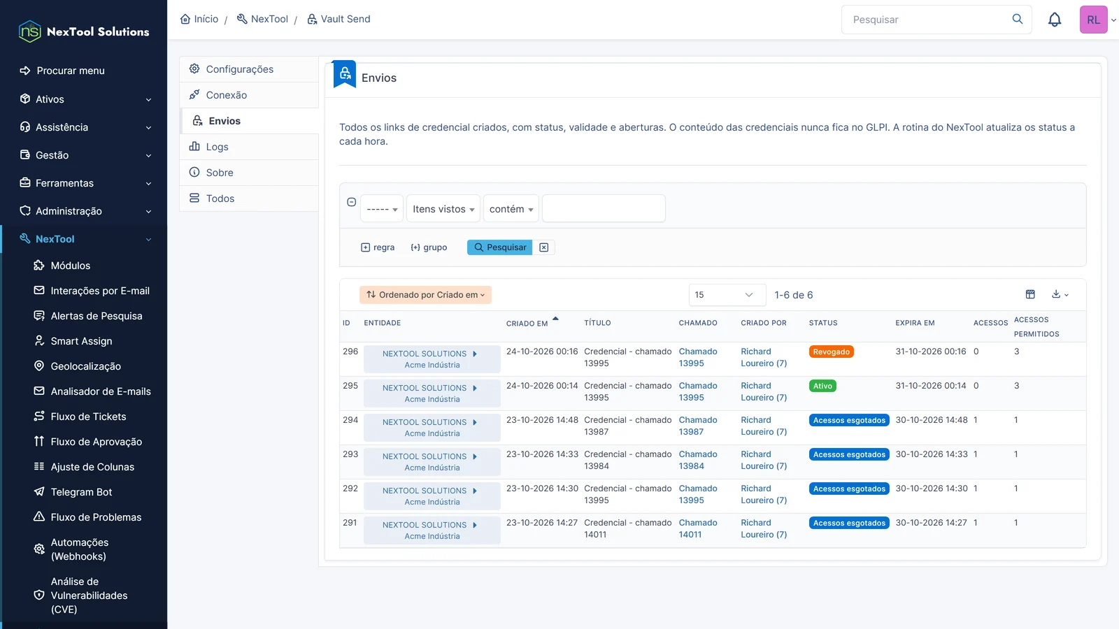 Separador Envios do Vault Send com todas as ligações criadas: pedido, autor, estado, validade e acessos
