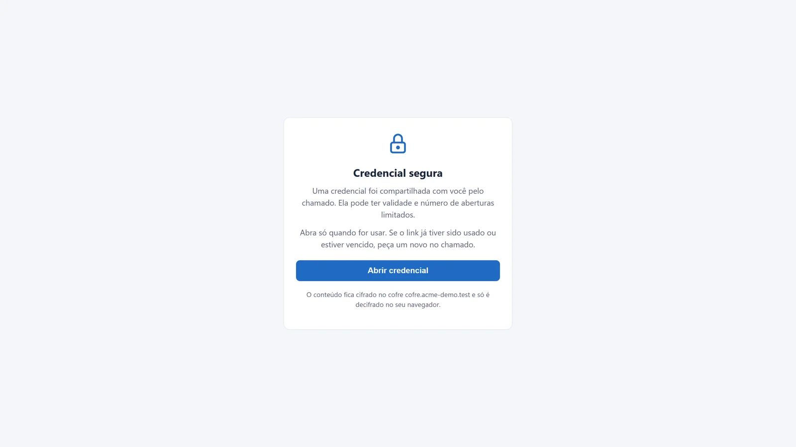 Página que o requerente abre pela ligação: botão explícito para abrir a credencial, que os verificadores de ligações do e-mail não gastam