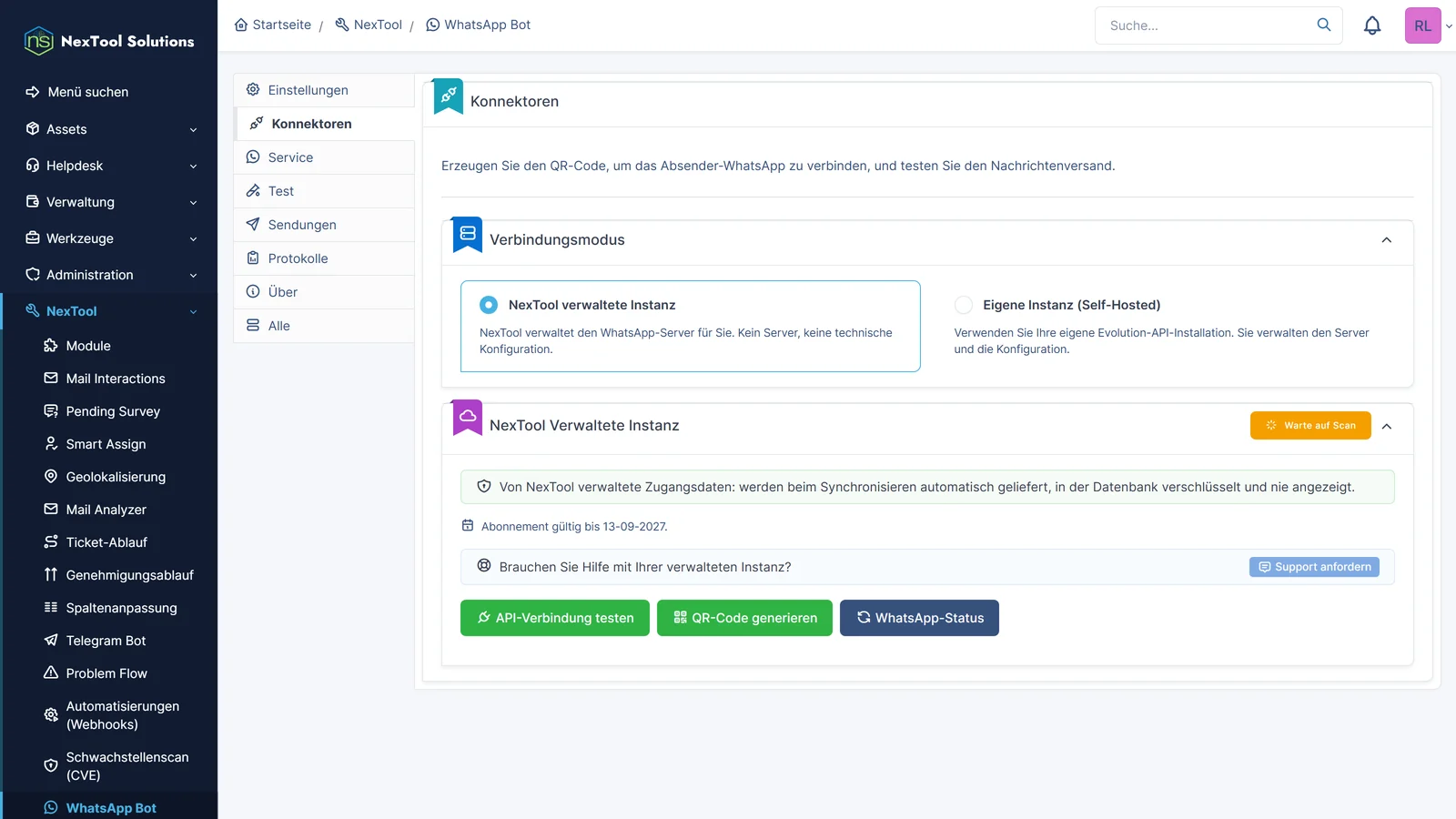 Konnektoren von WhatsApp Bot: von NexTool verwaltete Instanz oder eigene Evolution API, mit Verbindungstest, QR-Code und WhatsApp-Status