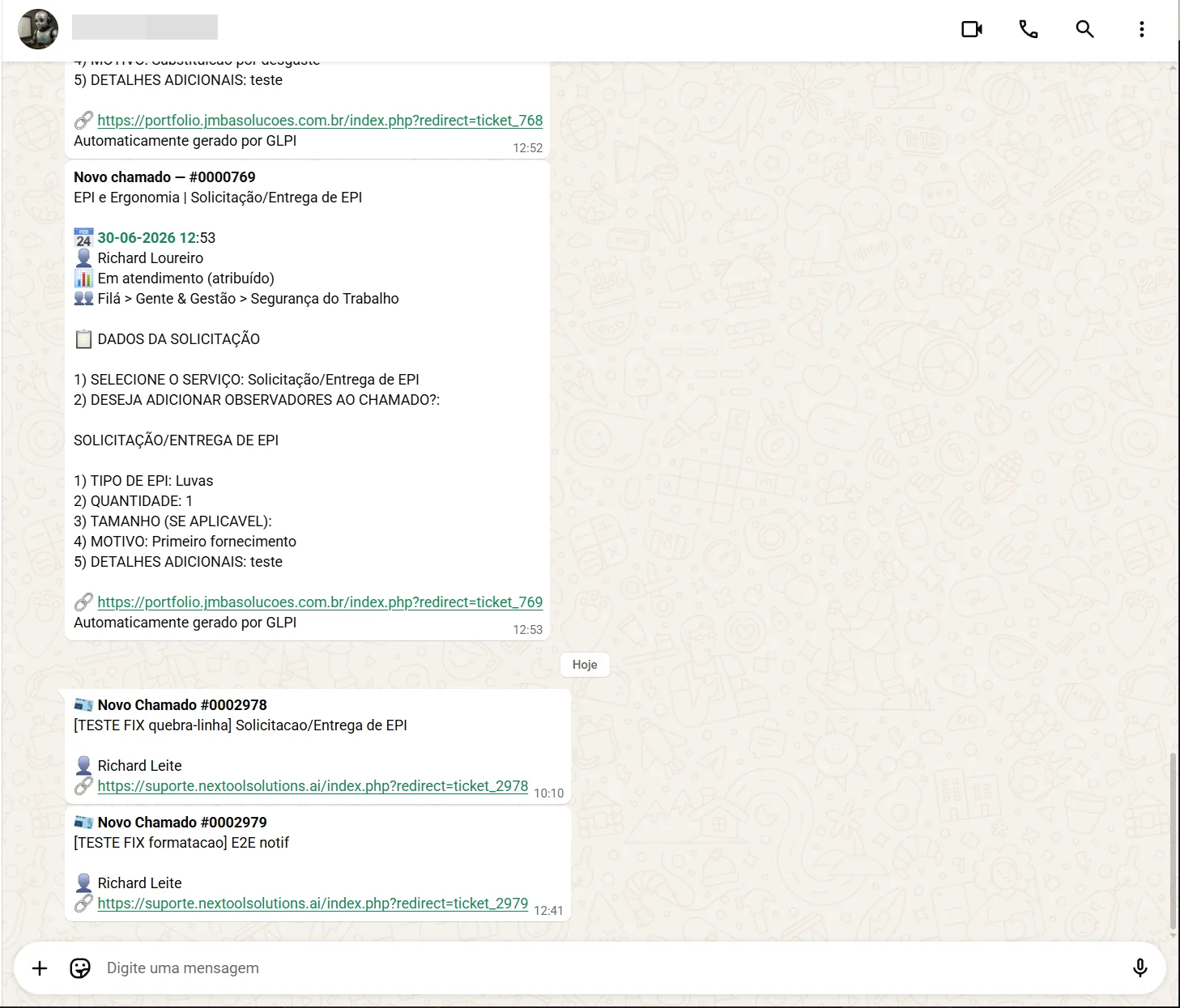 Notificações de novos chamados do GLPI entregues no WhatsApp, com link direto para o ticket