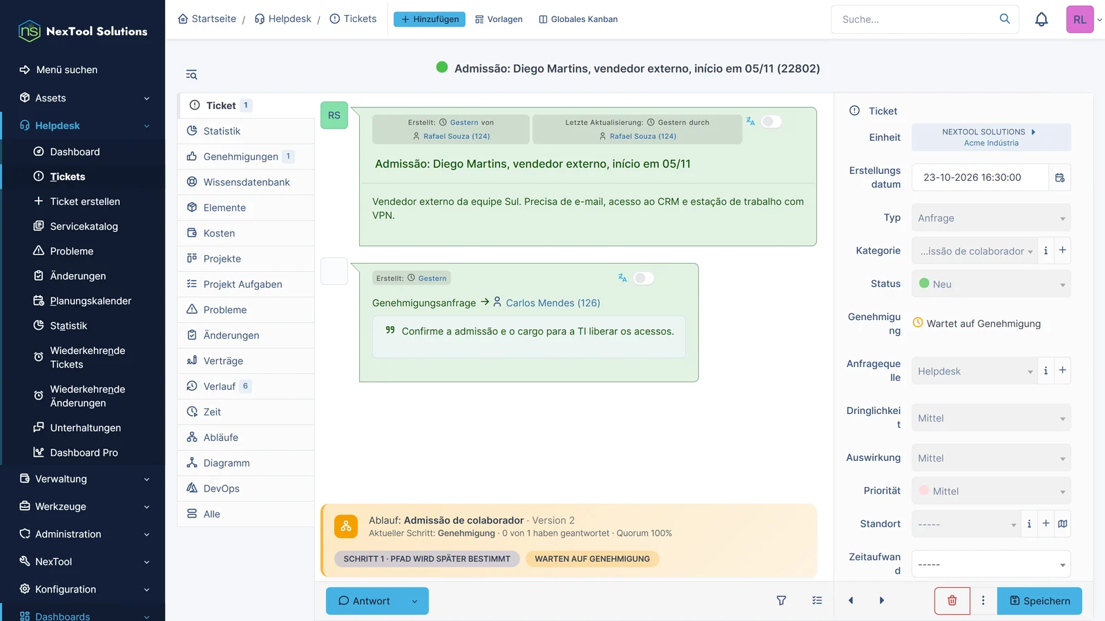Neu eröffnetes Onboarding-Ticket: Der Ablauf hat selbst die Freigabe der Führungskraft Carlos Mendes angefordert, das Banner zeigt den Schritt, der auf Freigabe wartet