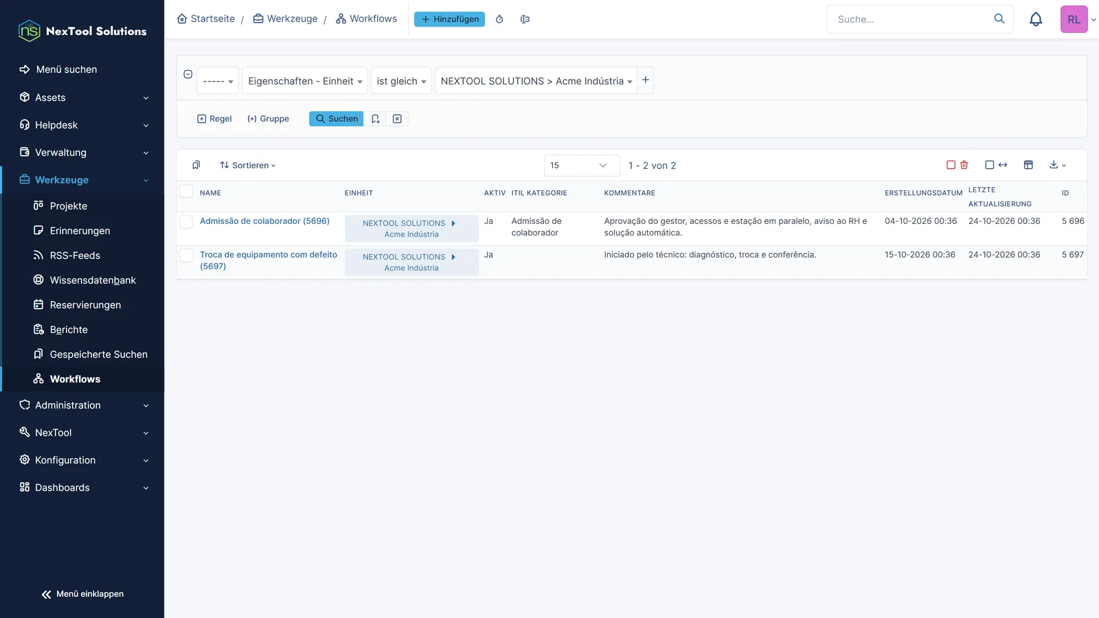 Liste der Workflow-Abläufe der Einheit: ein Ablauf, der von der Kategorie Mitarbeiter-Onboarding ausgelöst wird, und ein weiterer, den der Techniker manuell startet