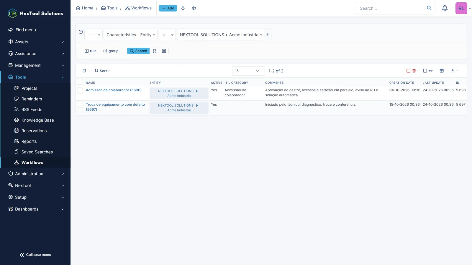 Список процессов Workflow в организации: один запускается категорией «Приём сотрудника», другой специалист запускает вручную